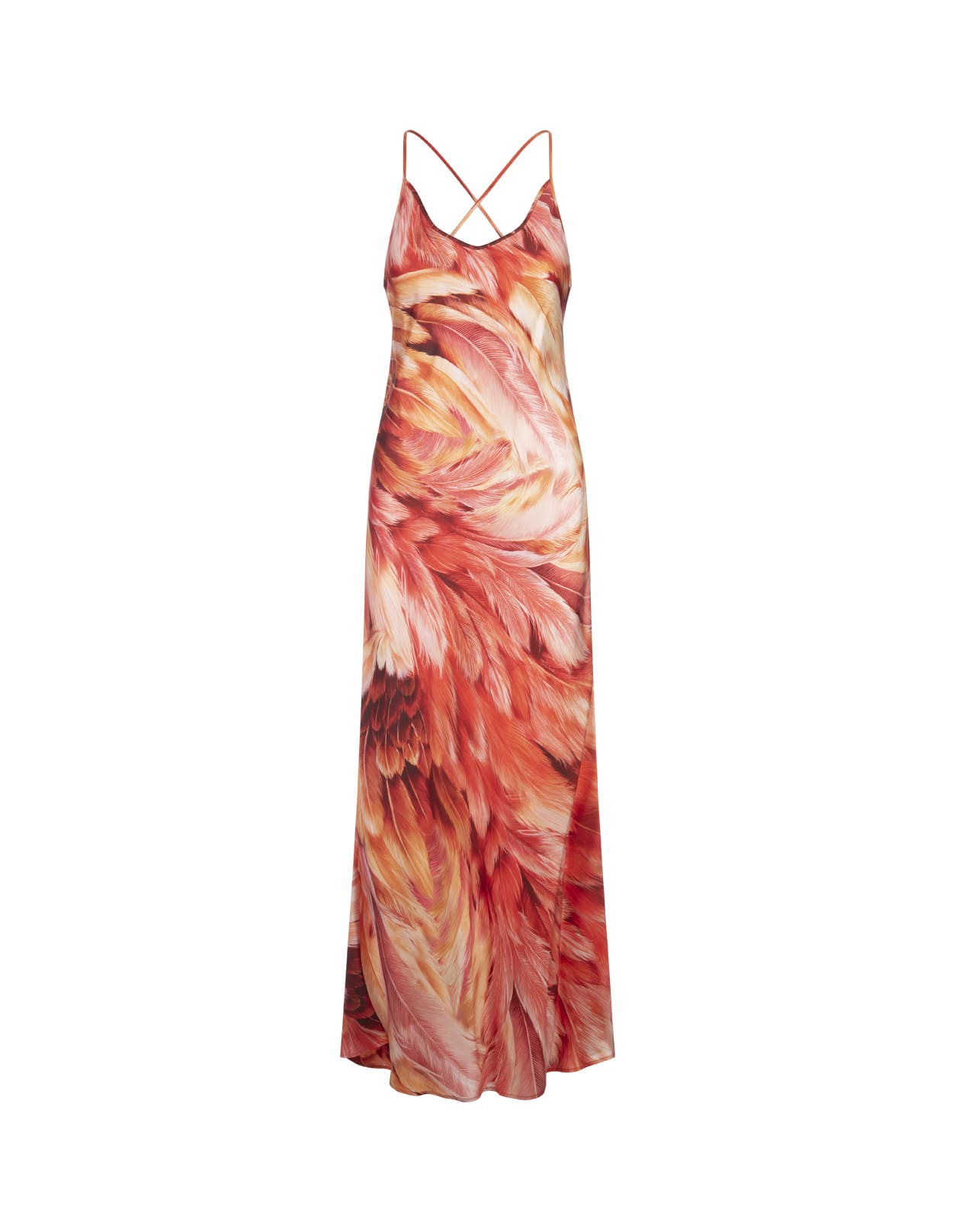 Long Dress With Straps And Plumage Print In Orange