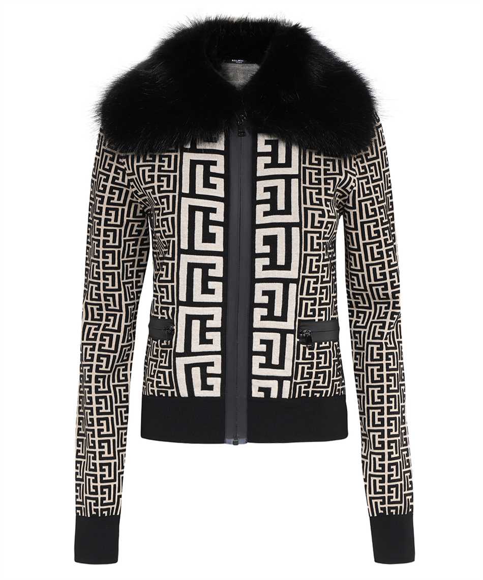 Balmain Fur Collar Monogram Knit Bomber Jacket In Black