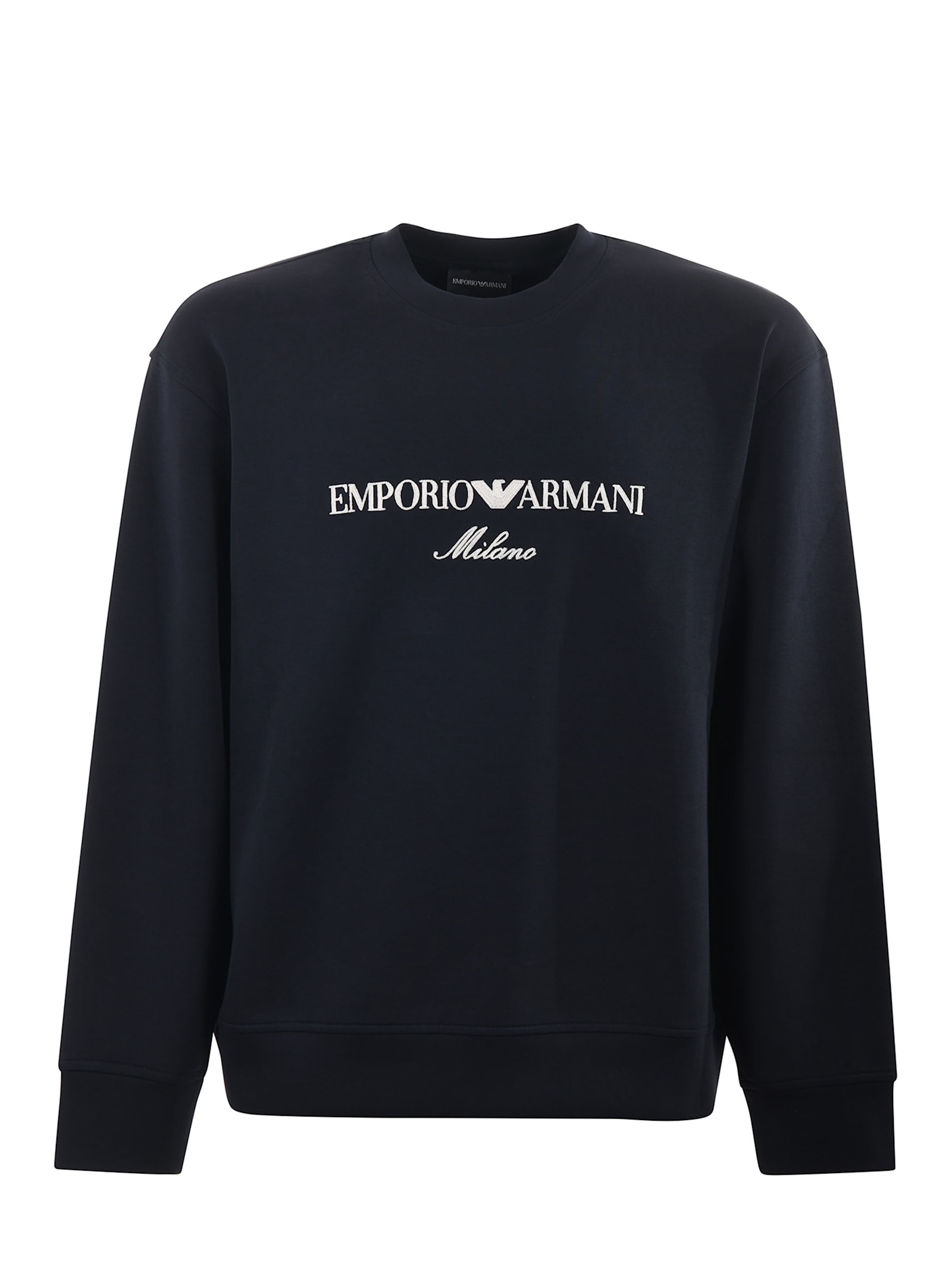 Emporio Armani Blue Crewneck Sweatshirt With Maxi Logo Lettering On The Front In Cotton Blend Stretch Man In Blue