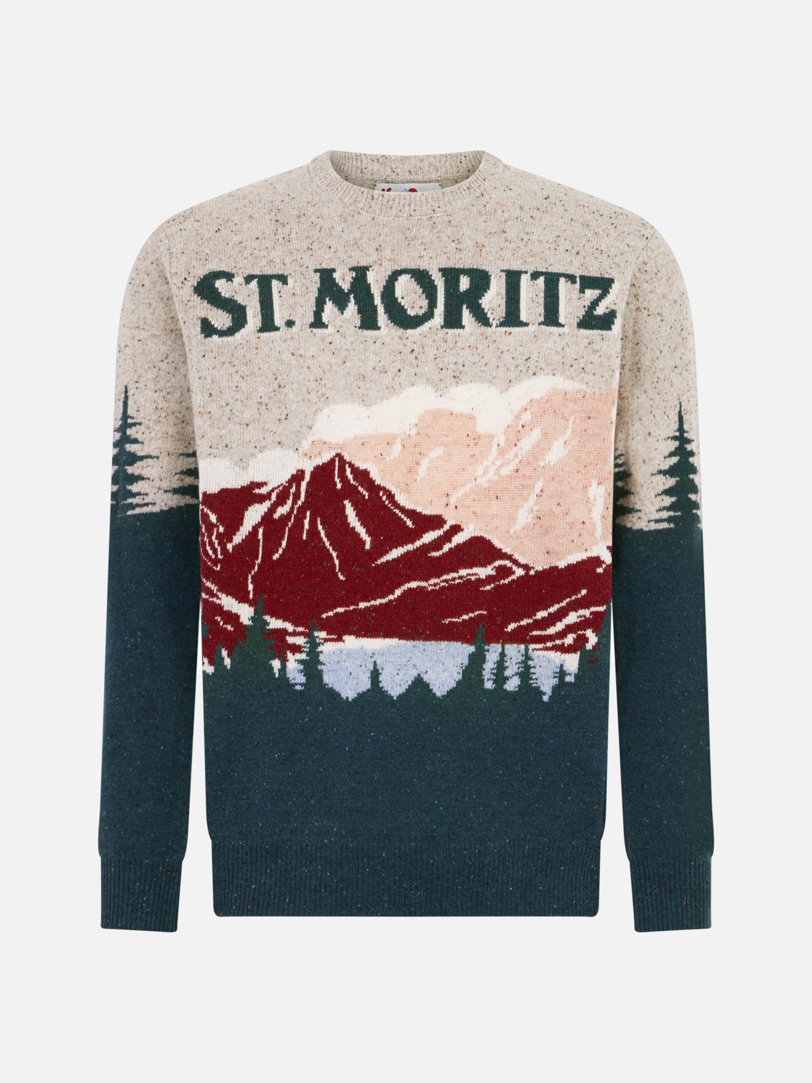 Mc2 Saint Barth Man Crewneck Donegal Sweater With St. Moritz Postcard Jacquard Print In Green