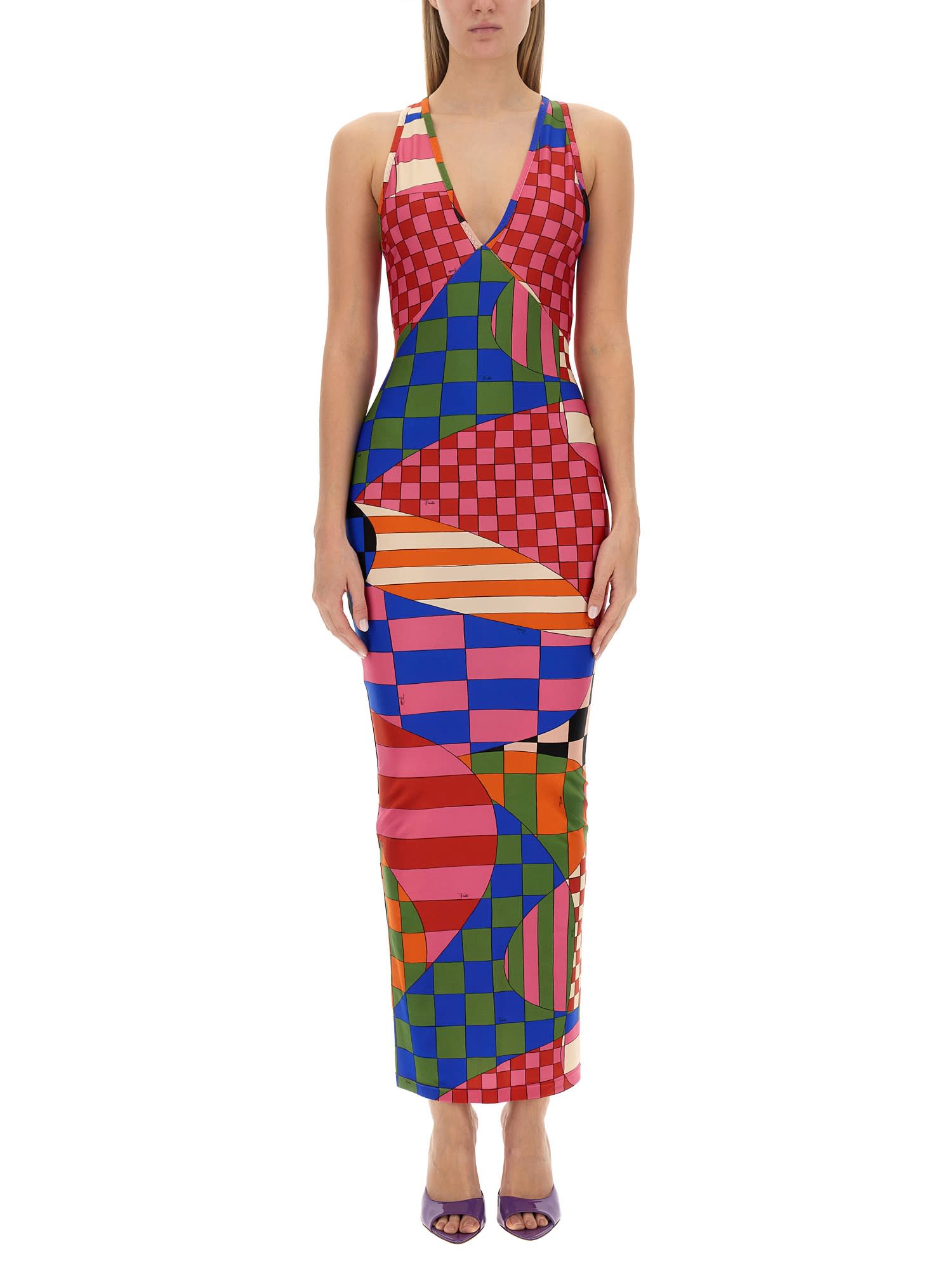 Pucci V Neck Printed Satin Jersey Long Dress In Multicolor