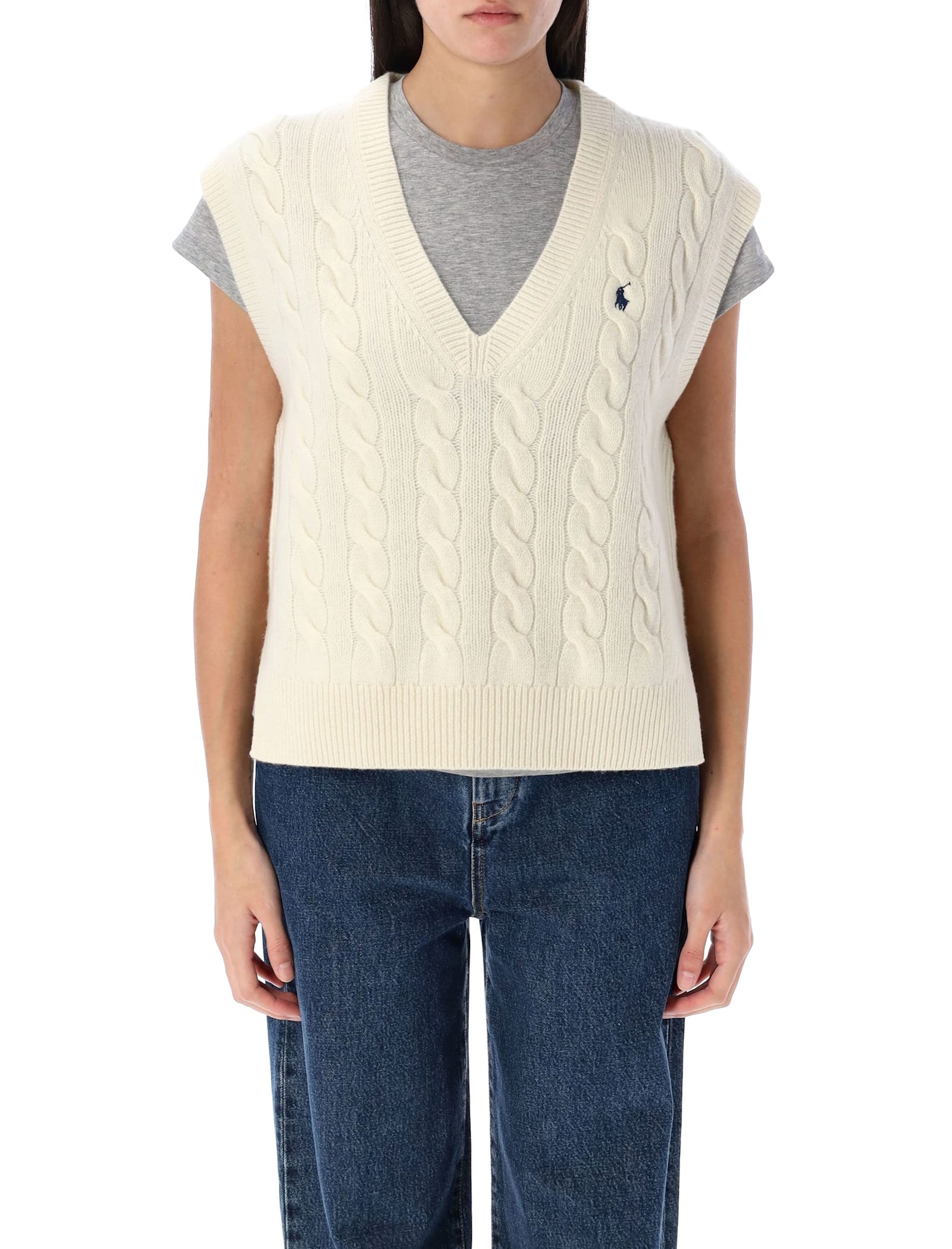 Ralph Lauren Cable Knit Sleeveless Jumper In White
