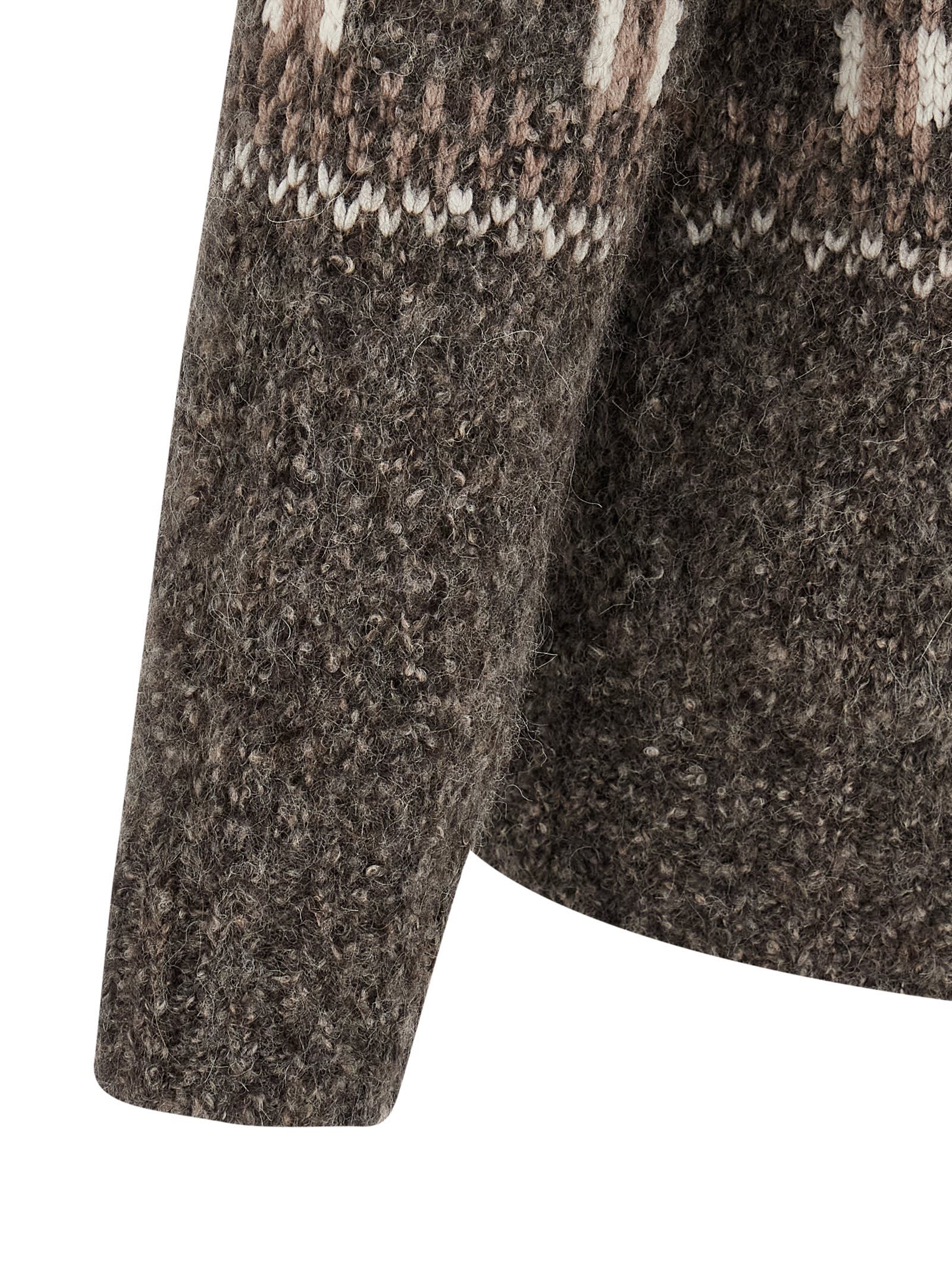 Brunello Cucinelli Wool Cardigan V-neck Geometric Pattern In Brown