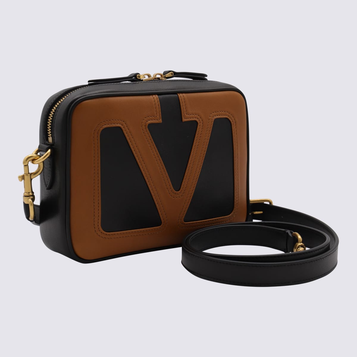 Valentino Brown And Black Leather Crossbody Bag In Multi