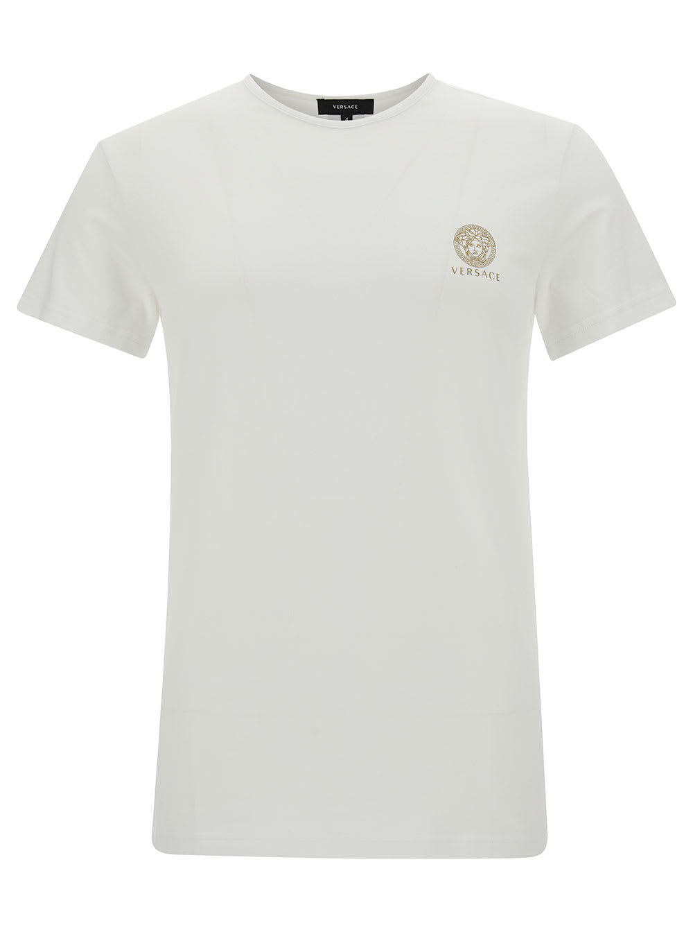 Shop Versace White T-shirt With Front Logo Print In Stretch Cotton Man