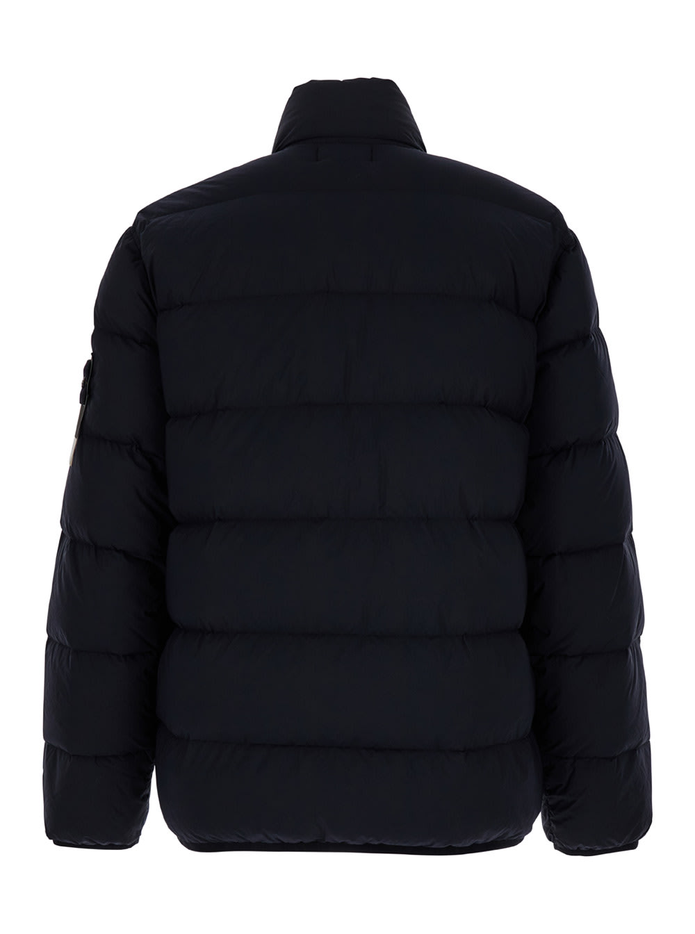 Shop Stone Island Blue High Neck Down Jacket With Zip And Logo Patch In Polyamide Man