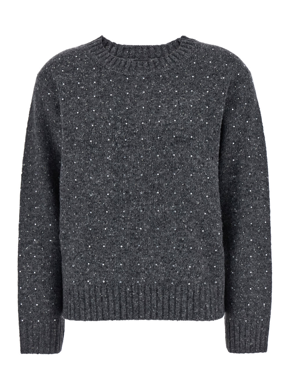 Shop Pinko Grey Crewneck Sweater With Crystal Embellishments In Wool Blend Woman