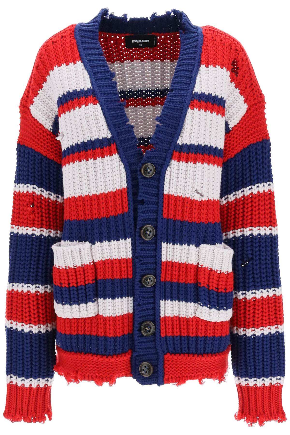 DSQUARED2 DISTRESSED STRIPED CHUNKY KNIT CARDIGAN
