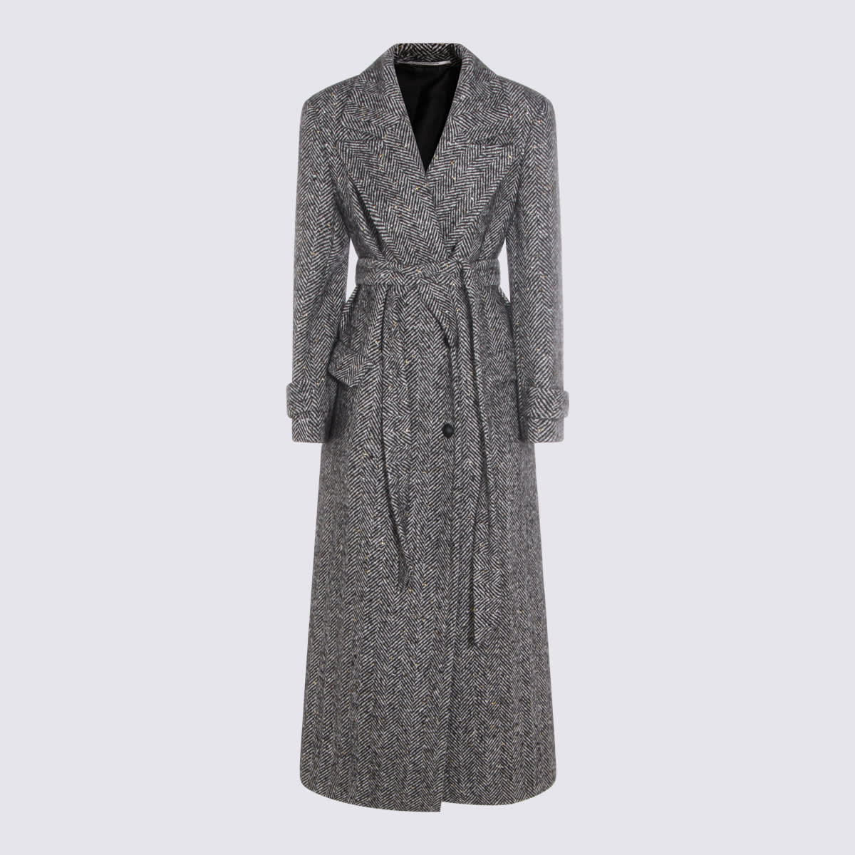 Tagliatore Long Herringbone Coat Belted Waist In Gray