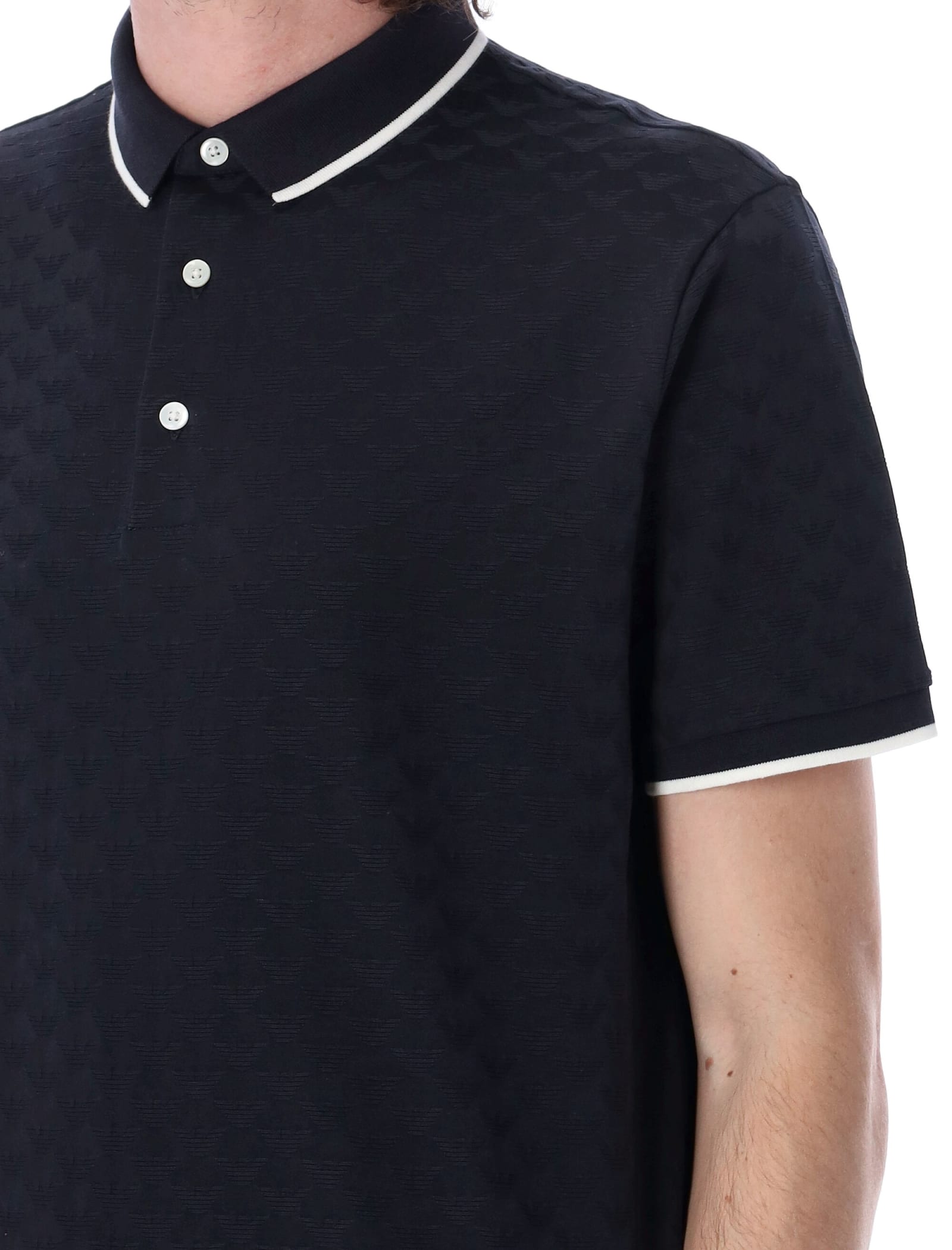 Emporio Armani Jersey Polo Shirt With All-over Jacquard Eagle In Navy Blue