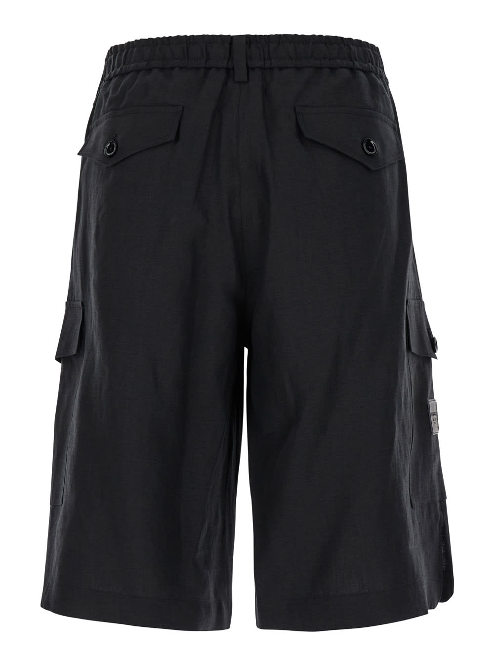 Shop Dolce & Gabbana Black Bermuda Shorts With Logo Patch In Linen Man