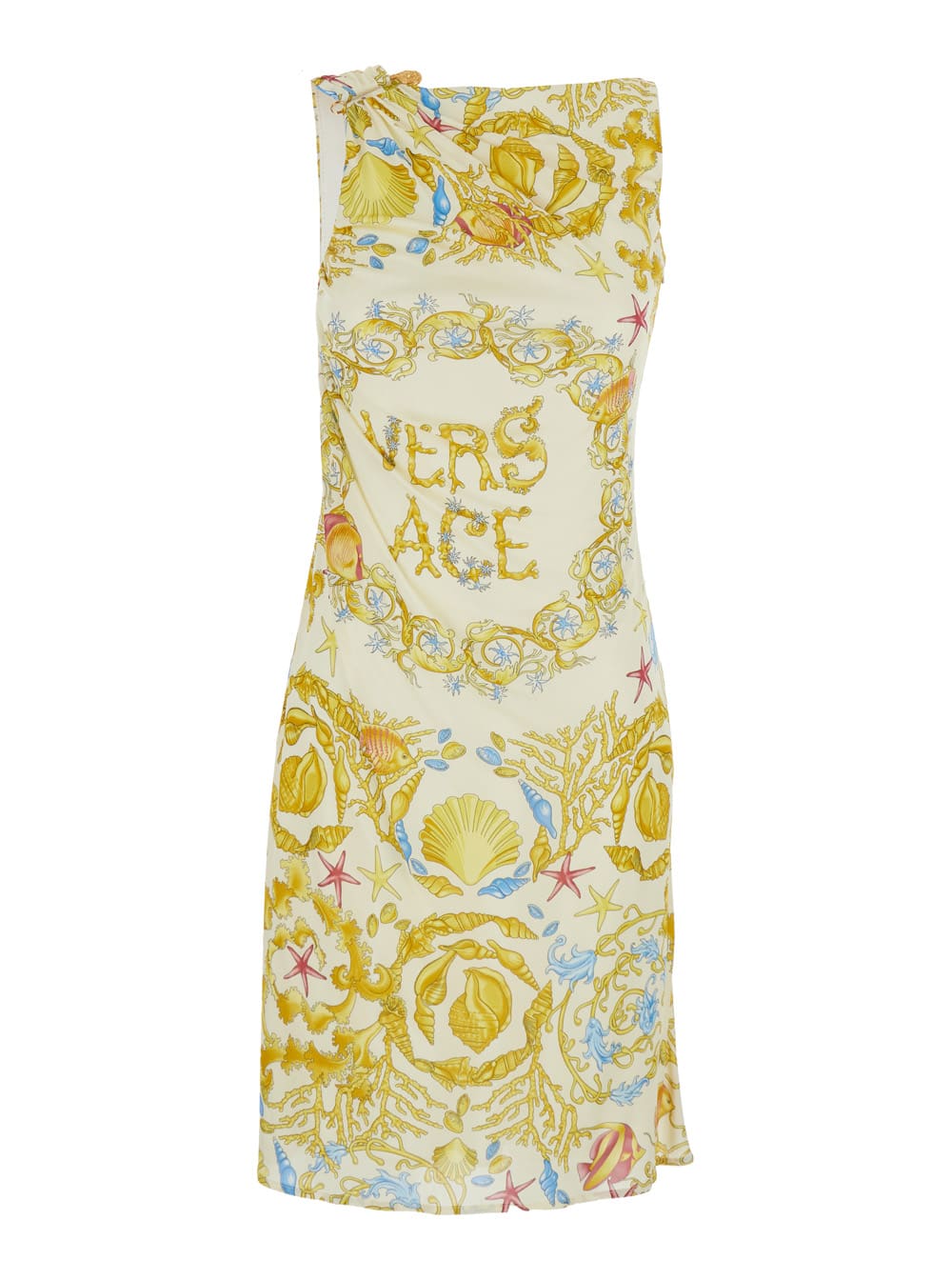 Versace Underwater Barocco Multicolor Sleeveless Dress With Tie Detail On The Sleeve And All-over Barocco Mo In Yellow