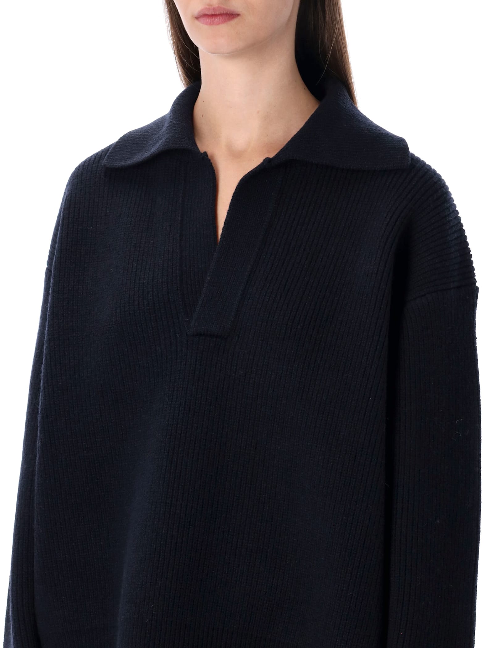 Studio Nicholson Nash Extrafine Merino Wool Polo Knit In Black