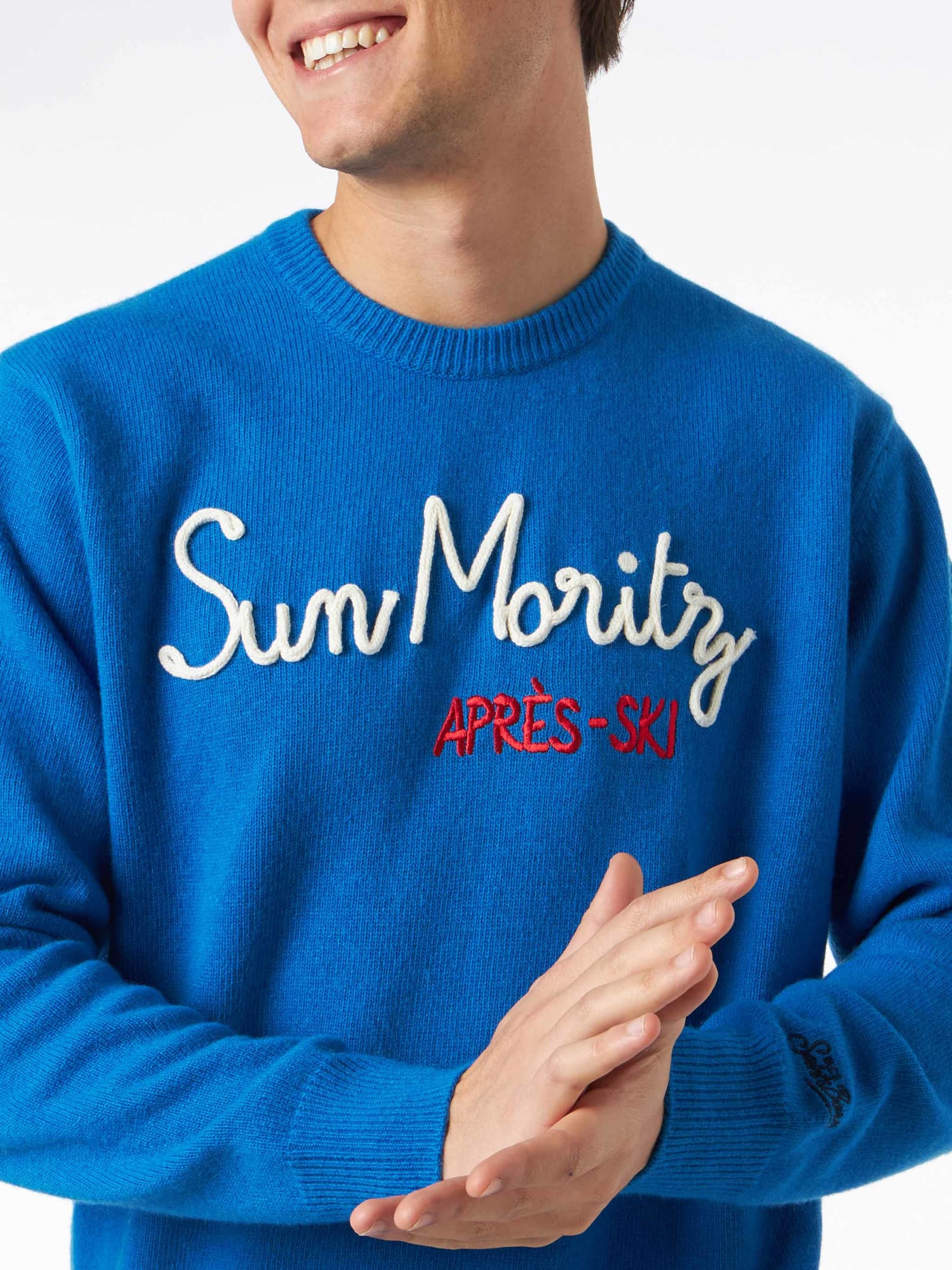 Shop Mc2 Saint Barth Man Crewneck Sweater With Sun Moritz Après Ski Embroidery In Sky