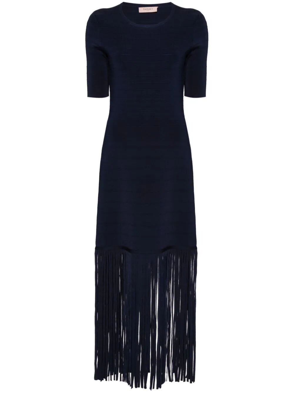 Shop Twinset Short Sleeves Long Dress With Fringes In Mid Blue