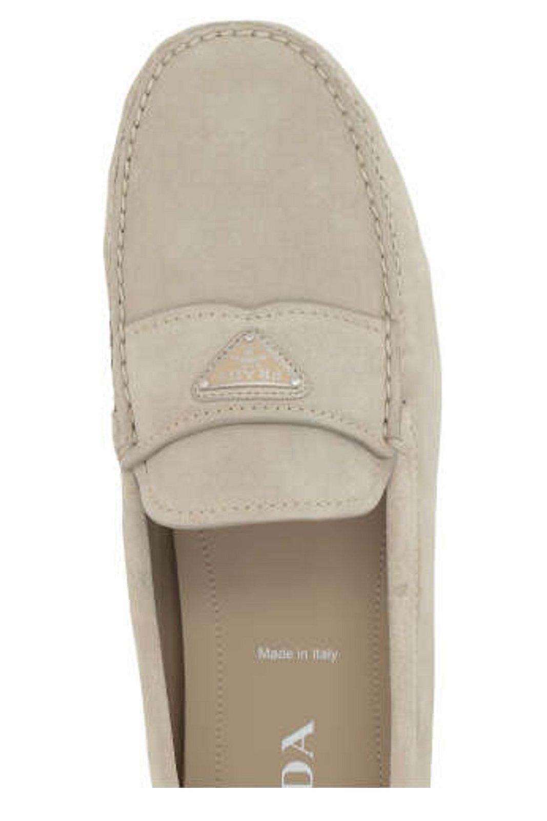 Shop Prada Logo Plaque Slip-on Loafers In Grey