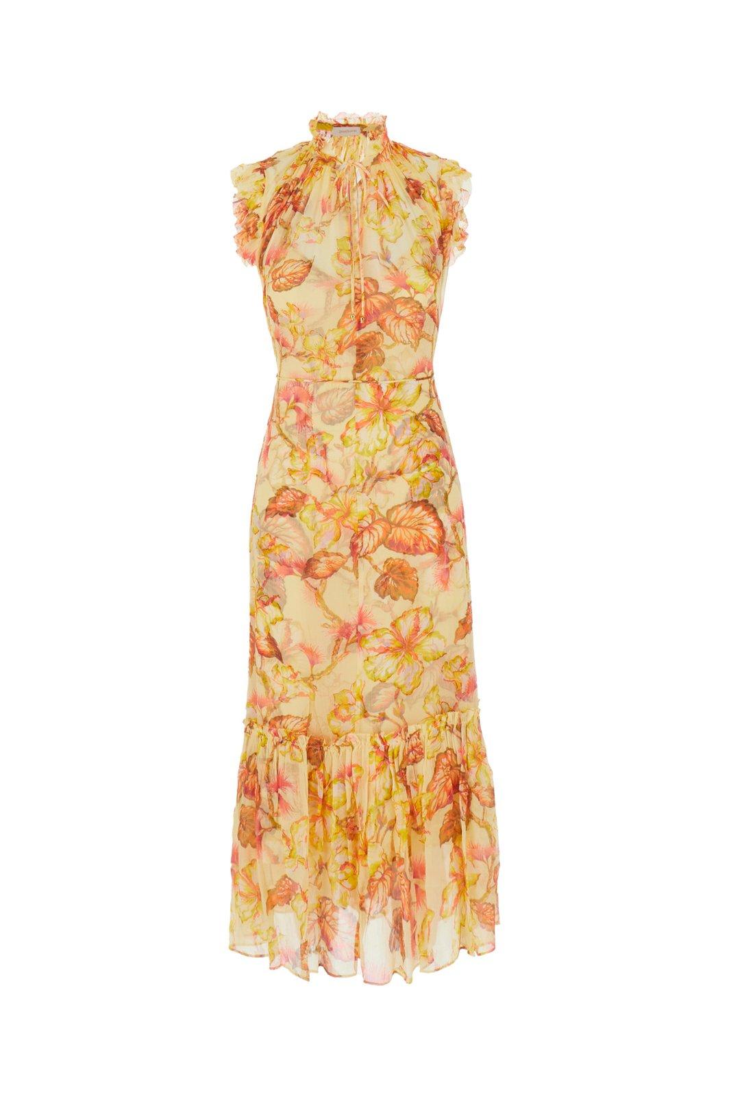 Shop Zimmermann Crinkled Finish Floral-print Midi Dress In Yellow Hibiscus