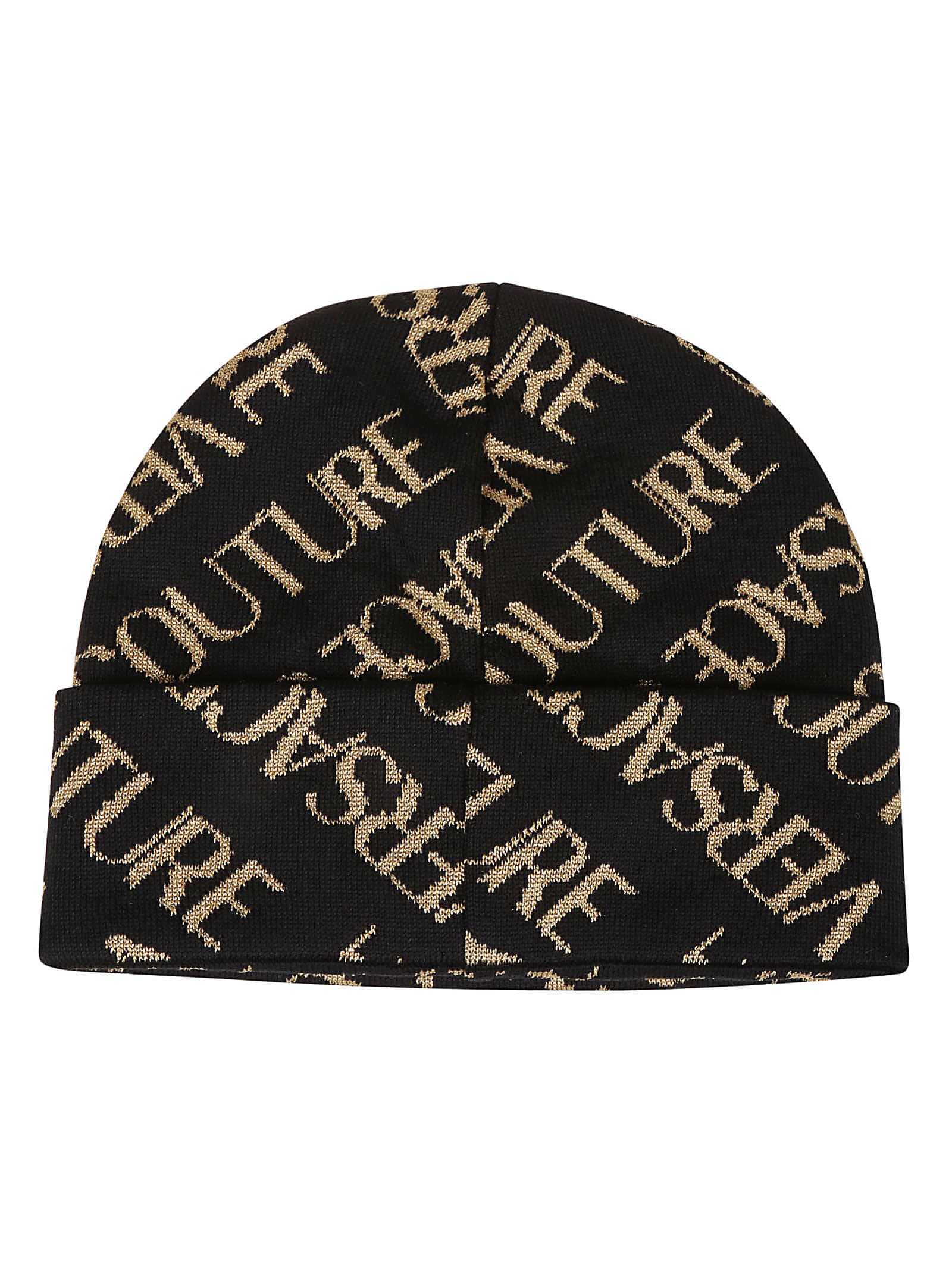 Shop Versace Jeans Couture Logo All Over Medium Beanie In Black/gold