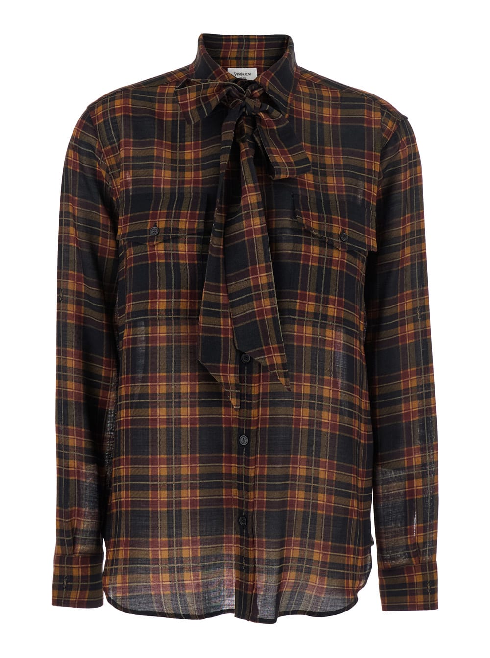 Saint Laurent Brown Shirt With Pussybow Collar And All-over Check Motif In Wool Woman In Brown