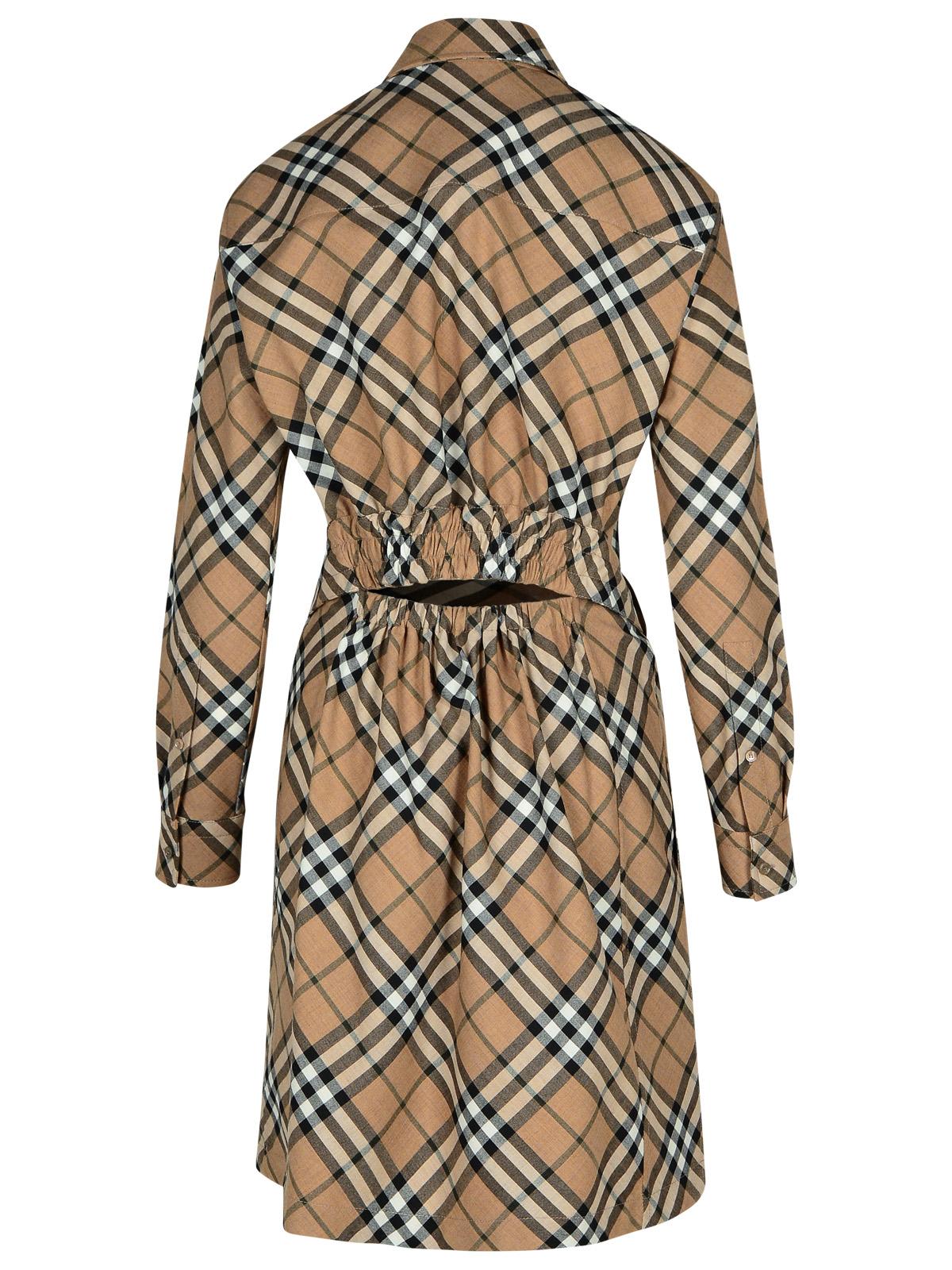 Shop Burberry Check Dress In Beige Wool Blend