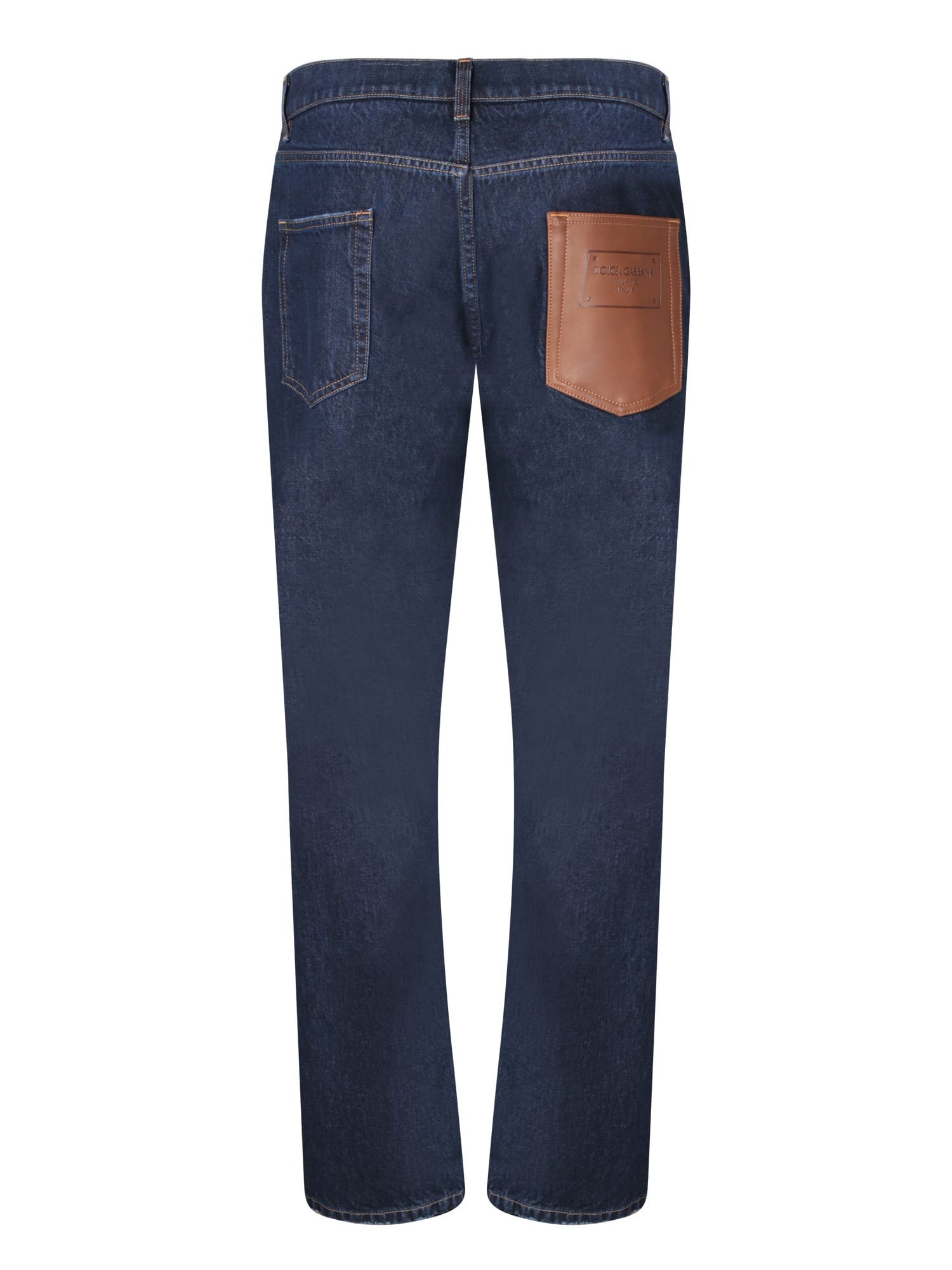 Shop Dolce & Gabbana Jeans With Brown Leather Pocket In Blue