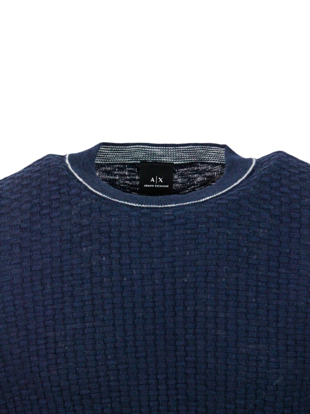 Shop Armani Collezioni Crew-neck And Long-sleeved Sweater In Cotton And Linen With Honeycomb Workmanship. In Blu