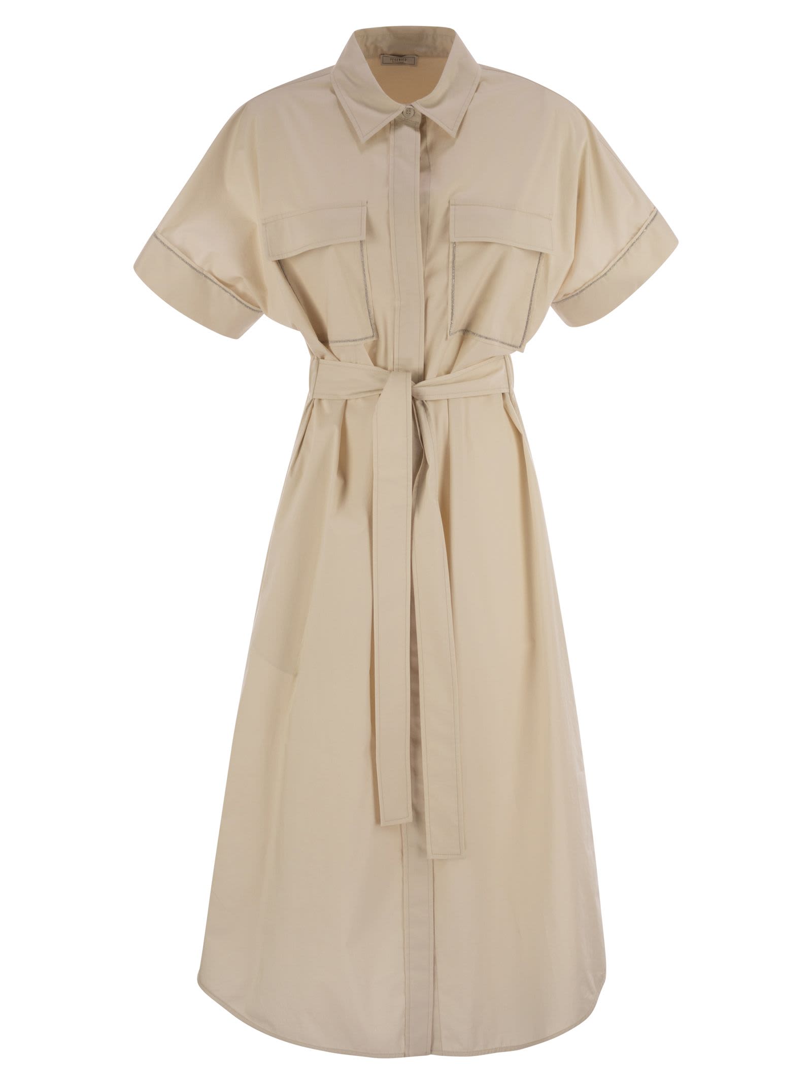 Peserico Dress Chest Pockets Short Sleeves Waist Tie