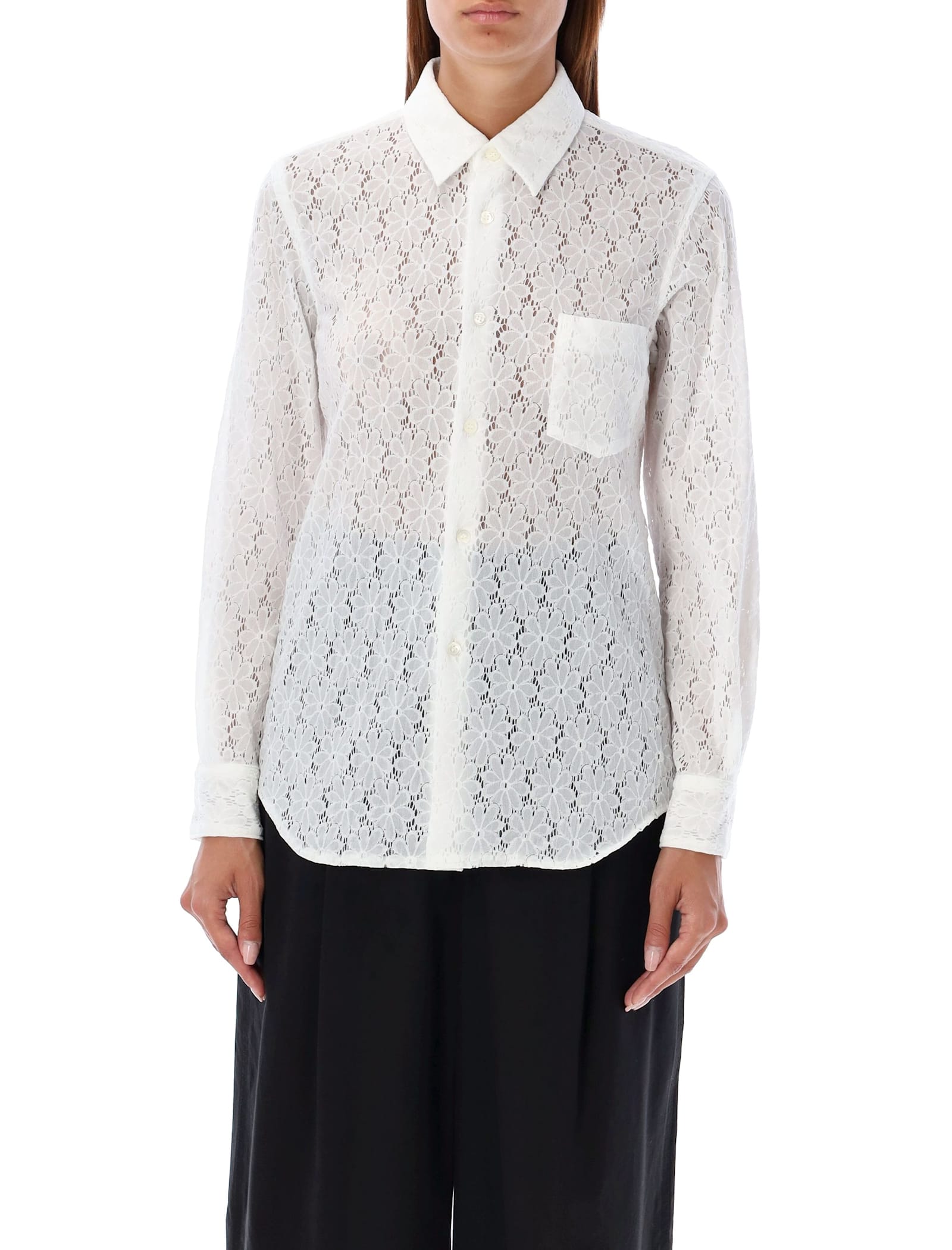 Shop Comme Des Garçons Sheer Lace Button-up Shirt In Off-white