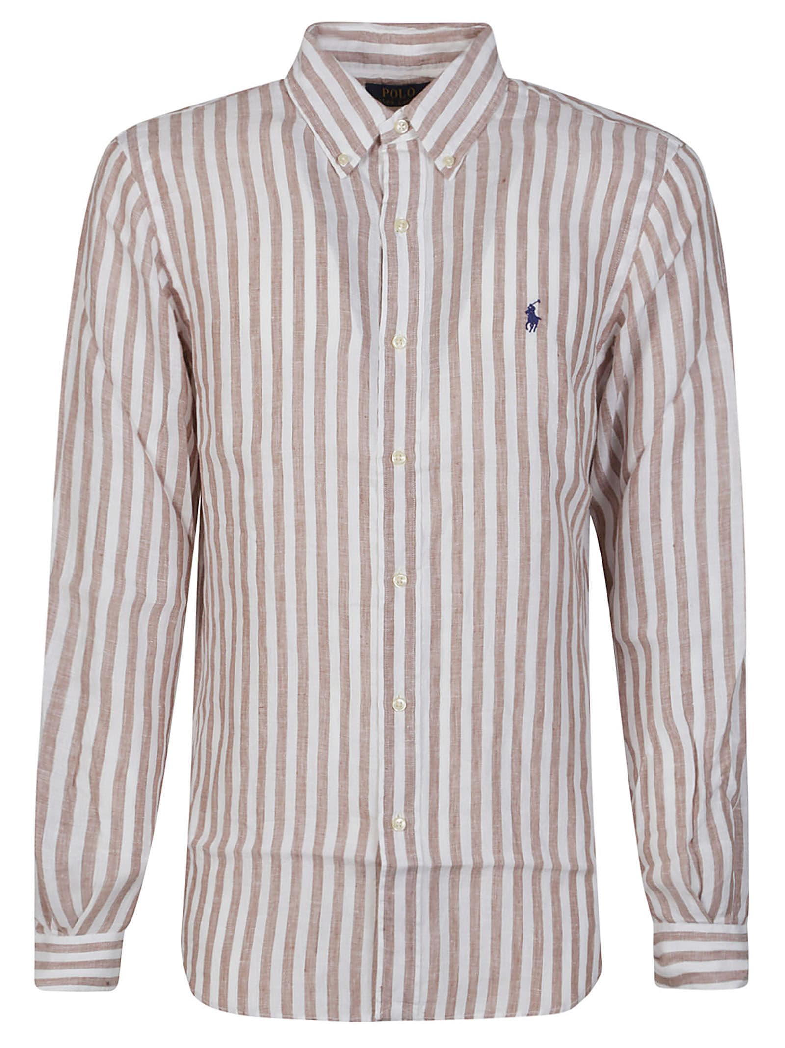 Shop Polo Ralph Lauren Long Sleeve Shirt In Khaki/white