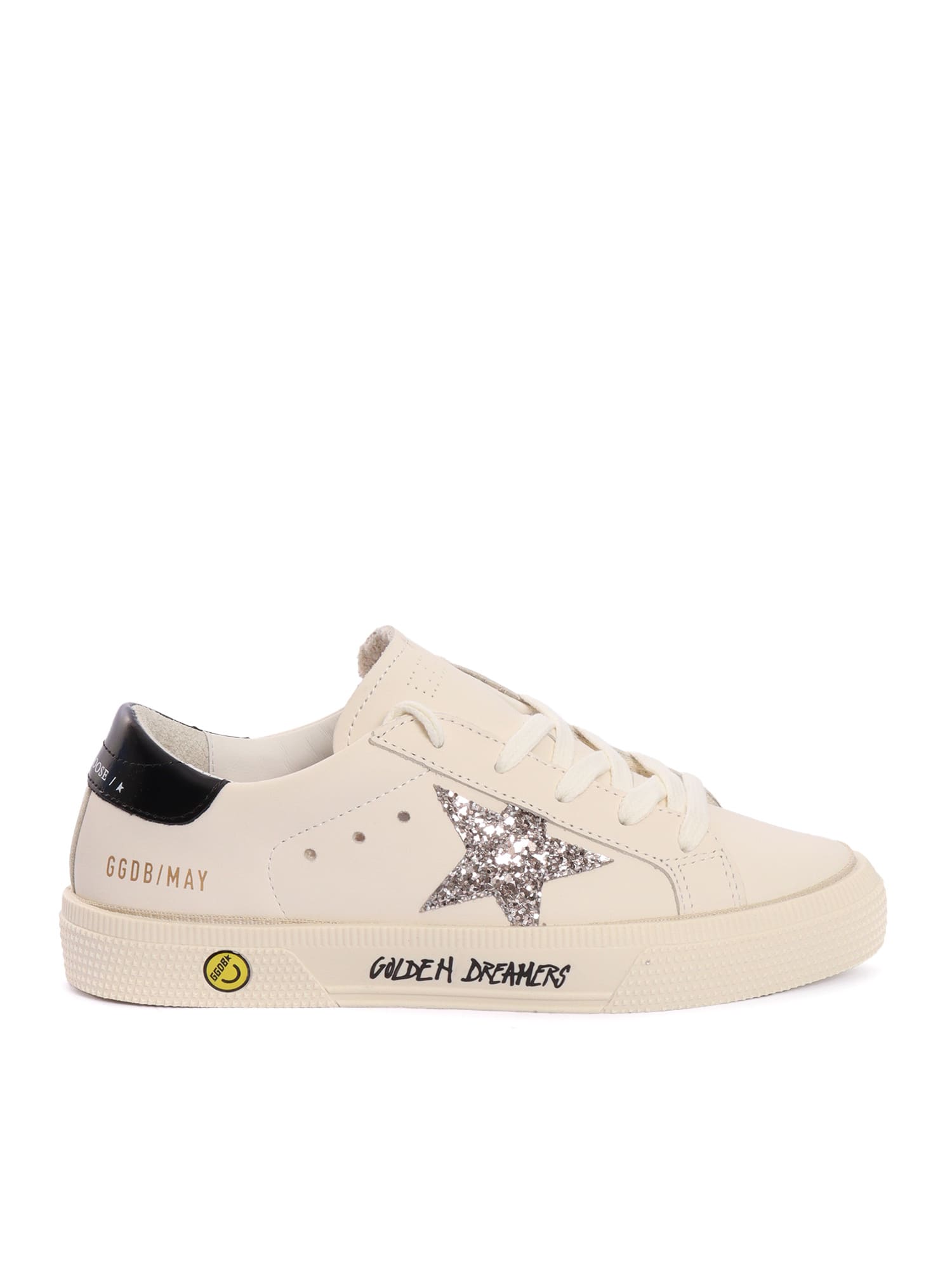 Golden Goose May Leather Upper Toe And Heel Glitter Star Signature Foxing Sneakers In Neutral