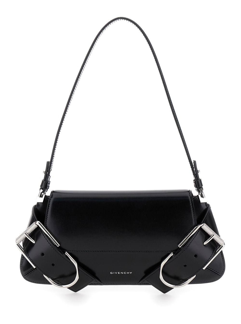 Shop Givenchy Voyou Black Shoulder Bag With Buckles And Logo In Leather Woman