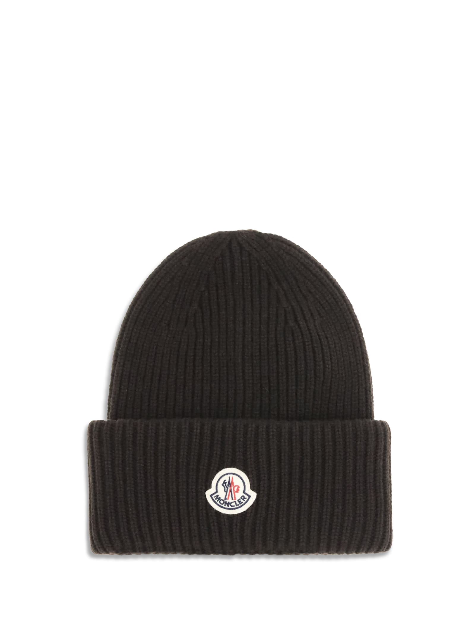 Moncler Dark Brown Textured Logo Beanie Hat In Black
