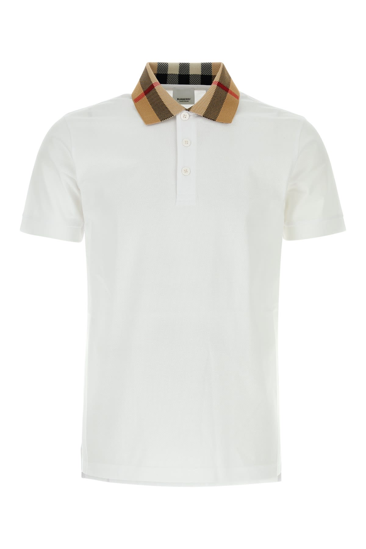 Burberry Check Collar Cotton Polo Shirt In White