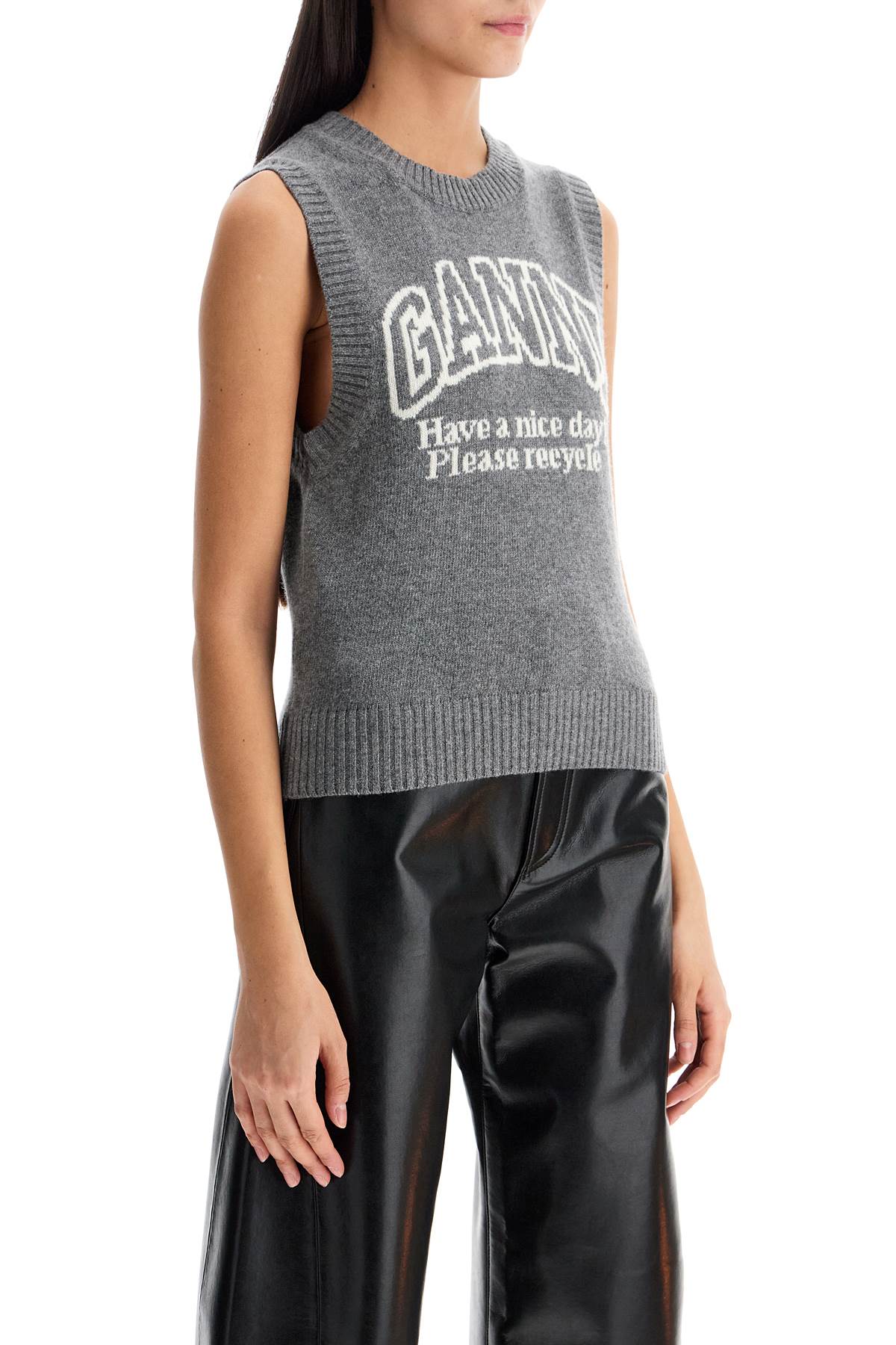 Ganni Knitted Vest With Logo In Frost Gray (grey)