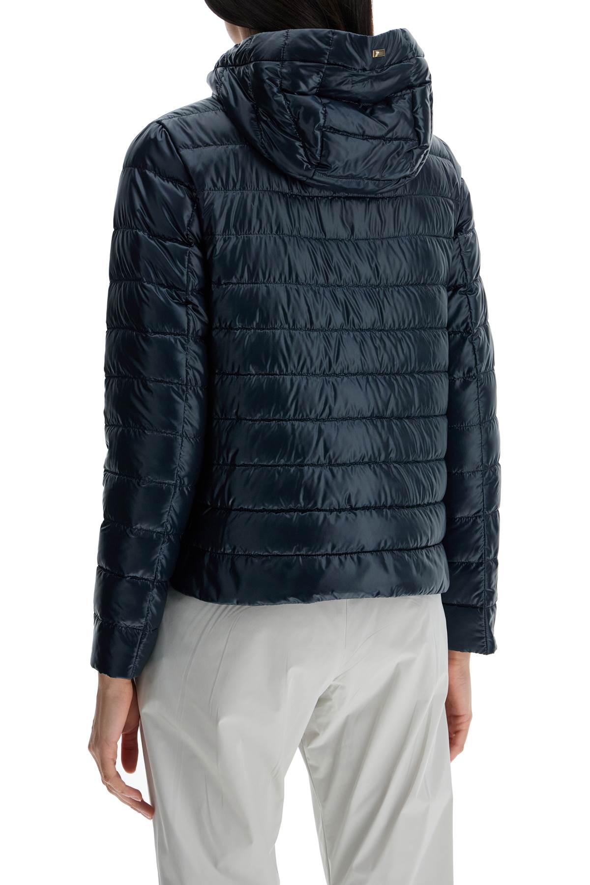 Herno Cropped Down Jacket With Hood In Ultralight Dark Blue Nylon In Blu (blue)