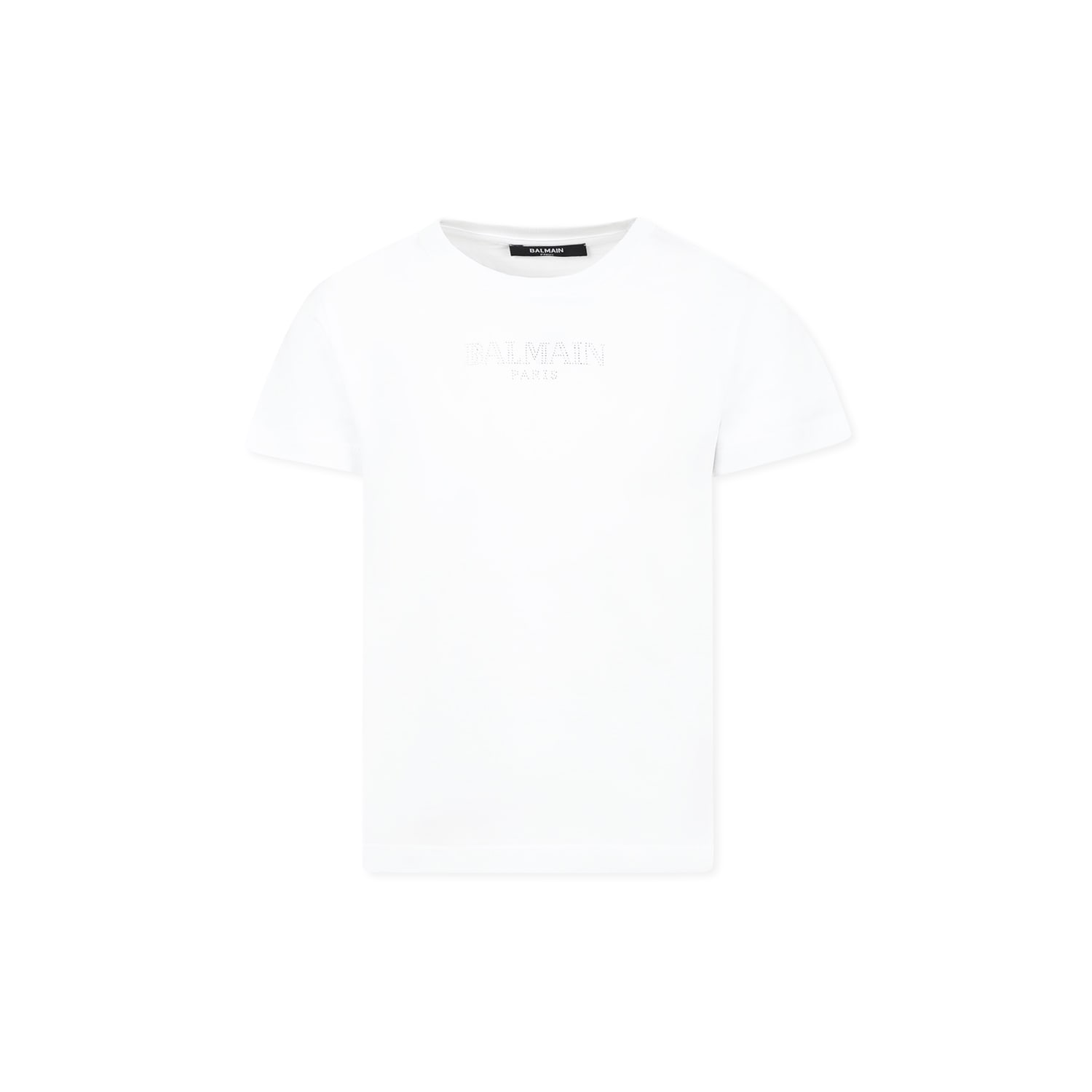 Shop Balmain White T-shirt For Girl With A Silver Rhinestone Logo