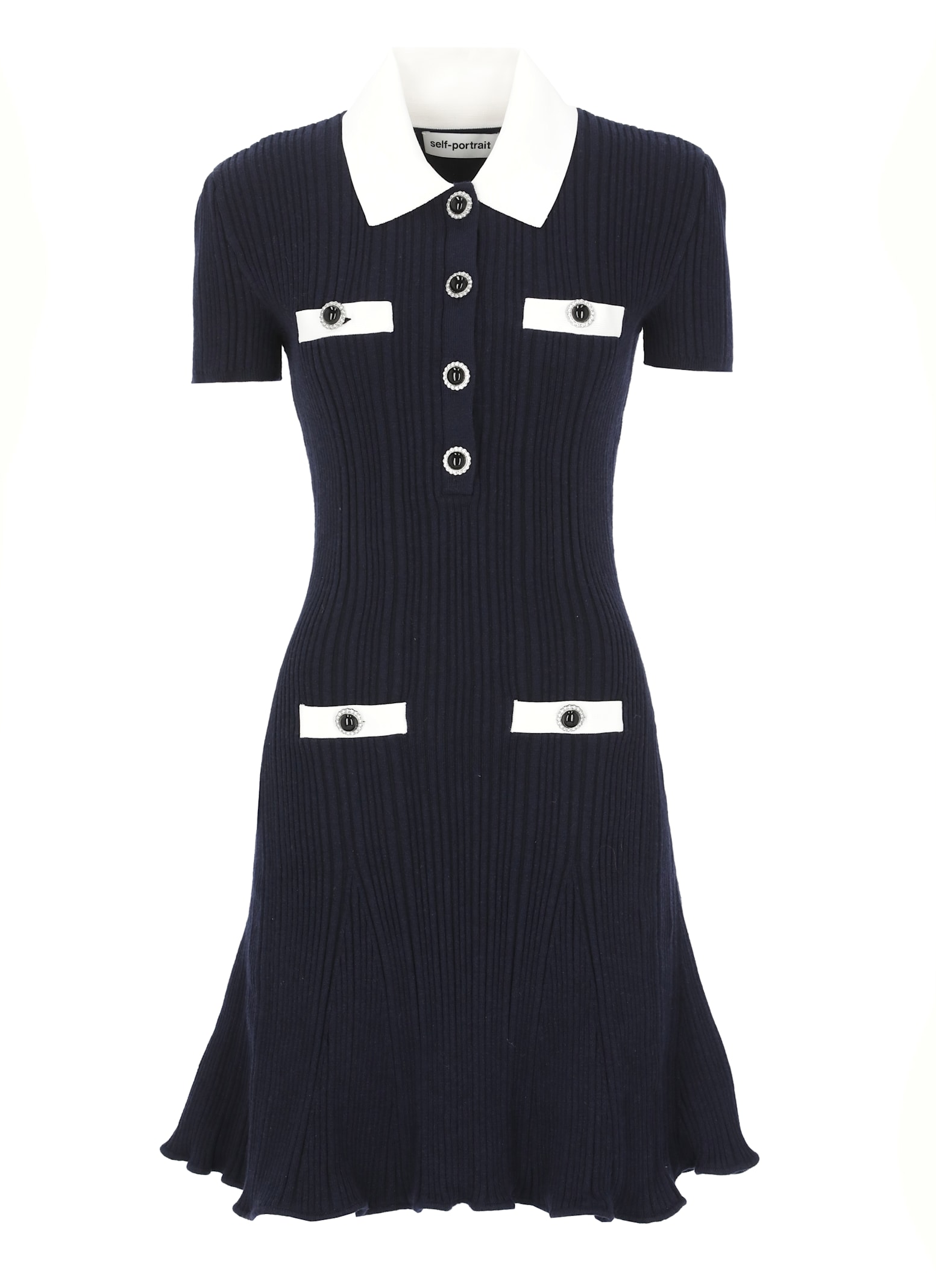 Self-portrait Flared Hem Dress Ribbed Texture In Blue