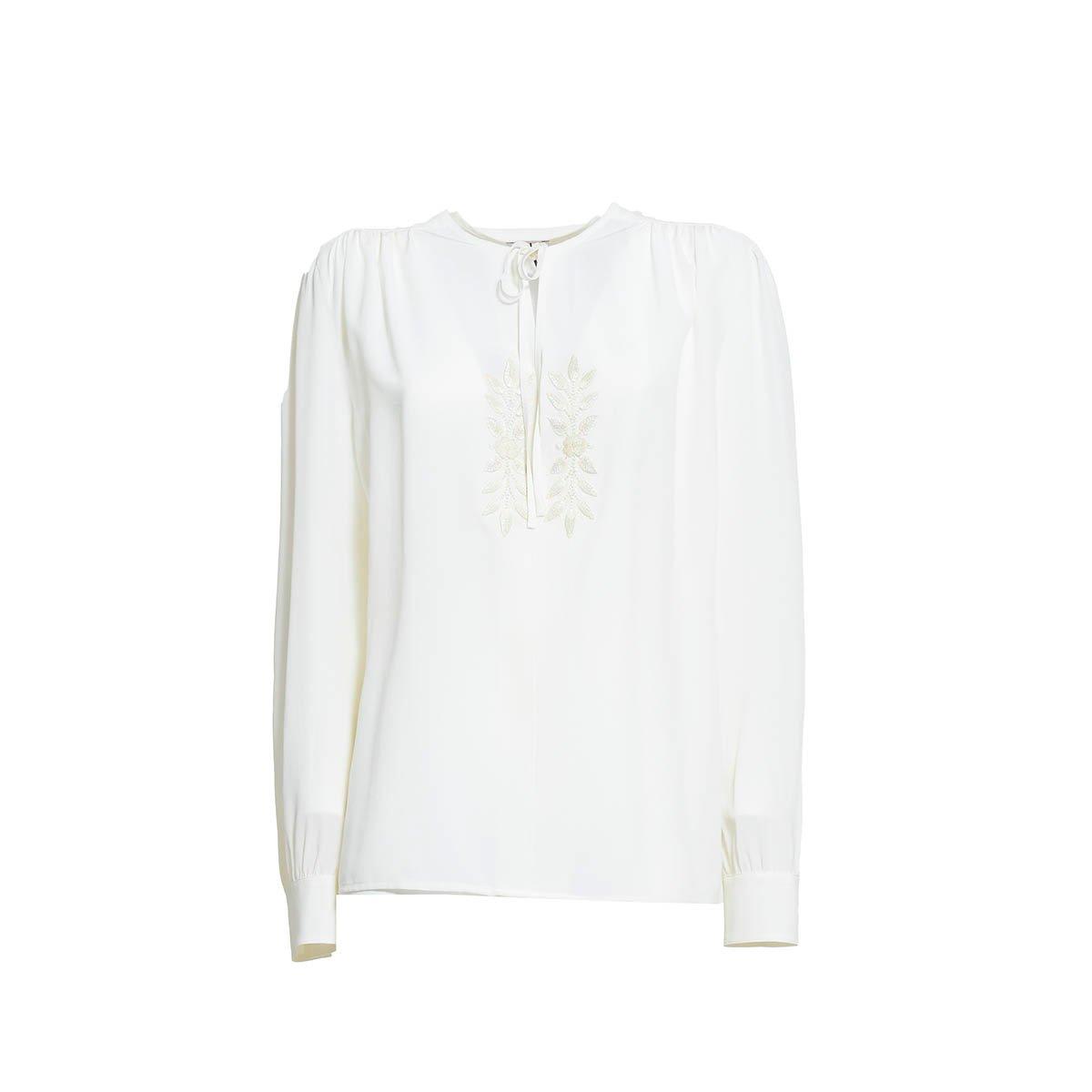 Shop Etro Leaf-embroidered Keyhole Neck Blouse In Panna