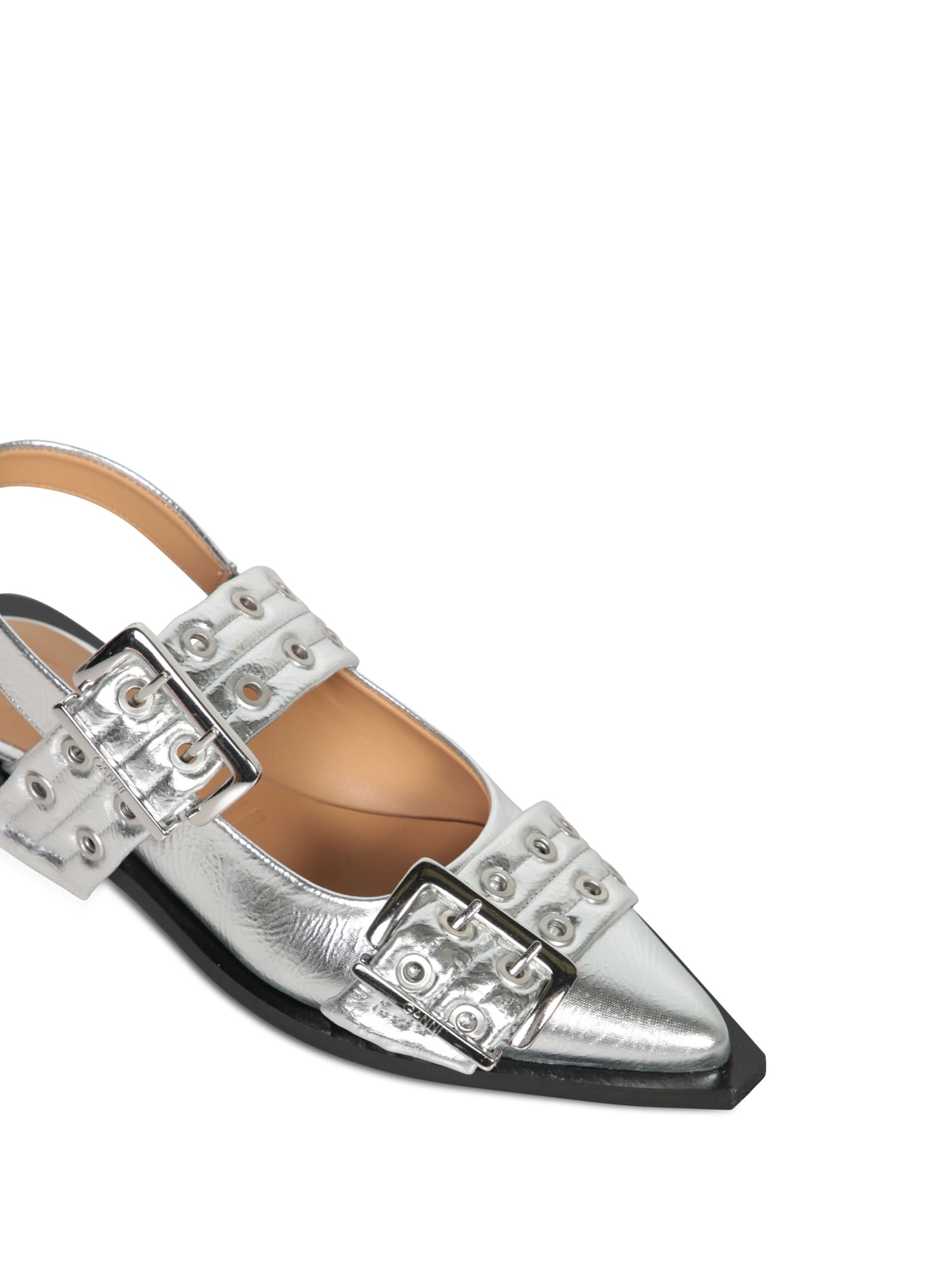 Shop Ganni Silver Buckle Flats In Metallic