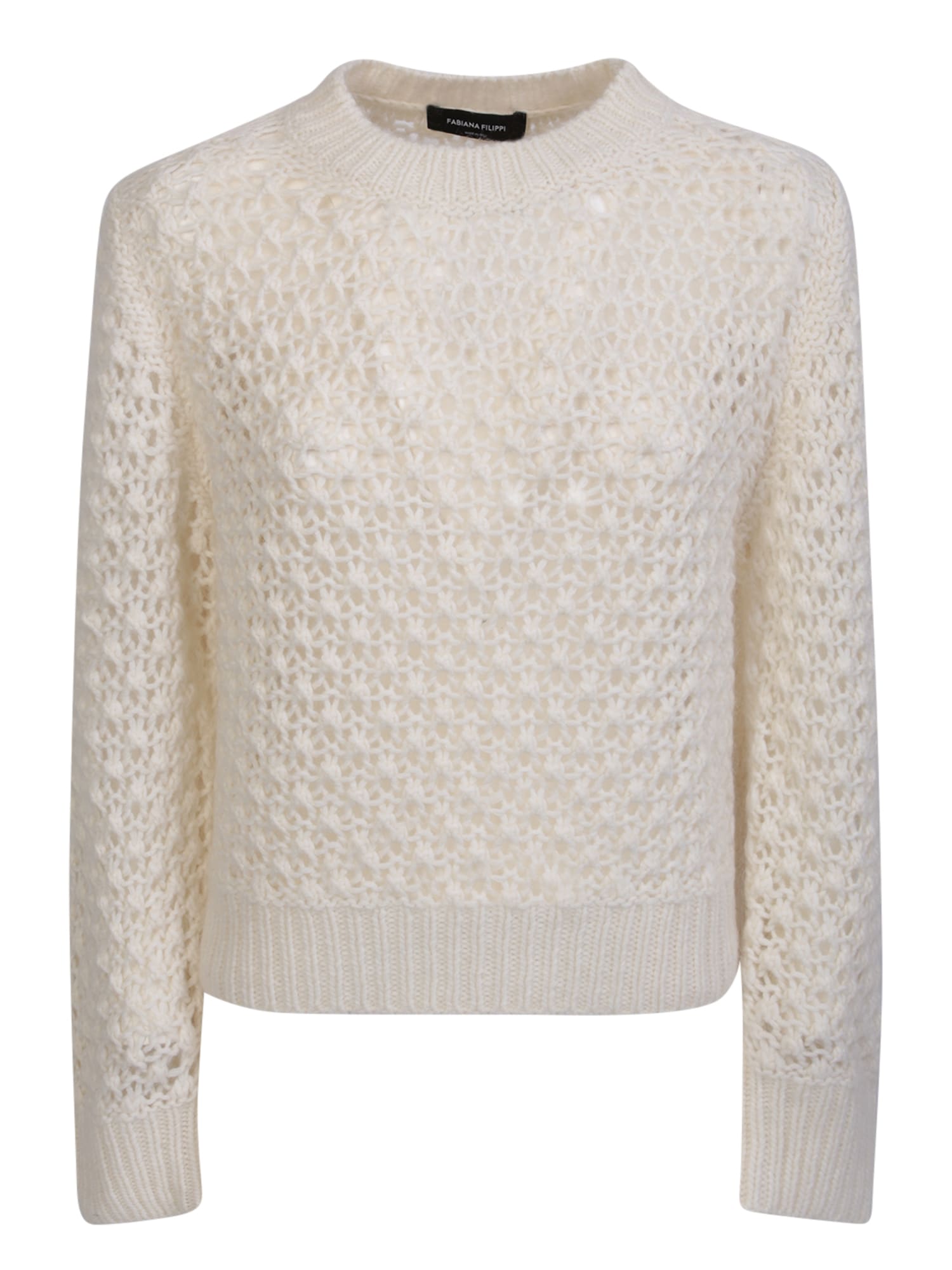 Fabiana Filippi White Crewneck Sweater With Ribbed Trim In Tricot Wool Blend Woman In White