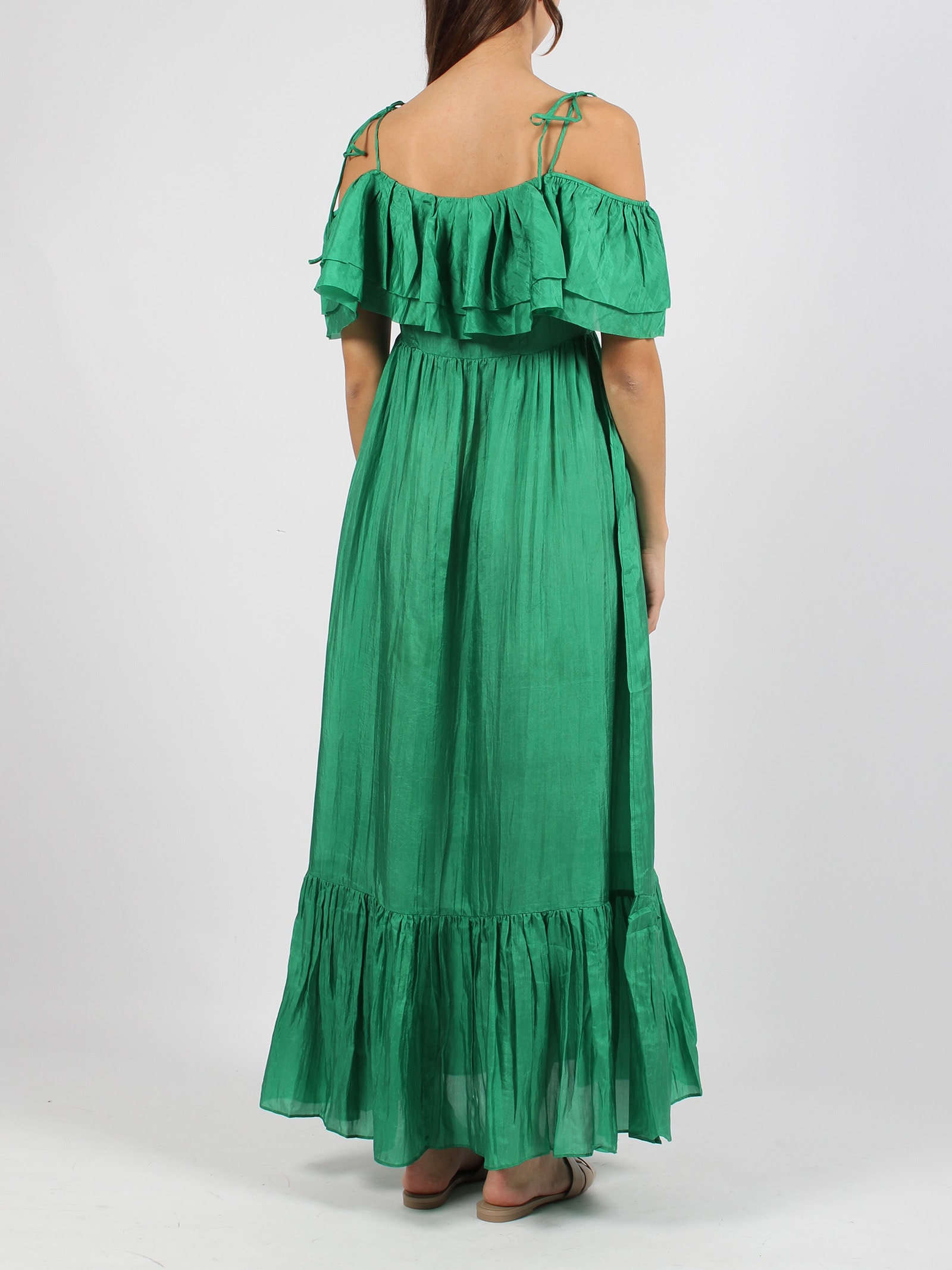 Shop The Rose Ibiza Ruffled Silk Long Dress In Green
