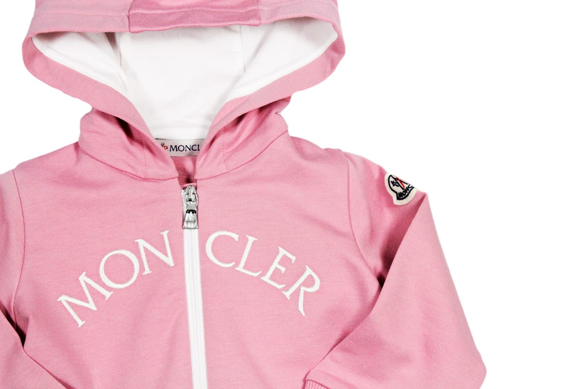Shop Moncler Cotton Sweatshirt With Zip And Hood And Logo Lettering On The Front In Pink