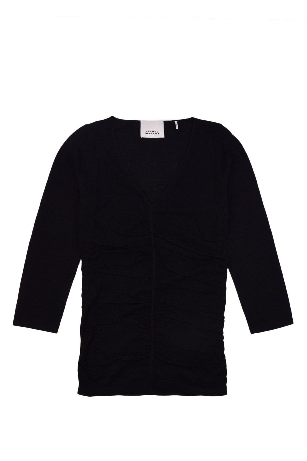 Shop Isabel Marant Gathered-detailed Long-sleeved Crewneck Top In Black