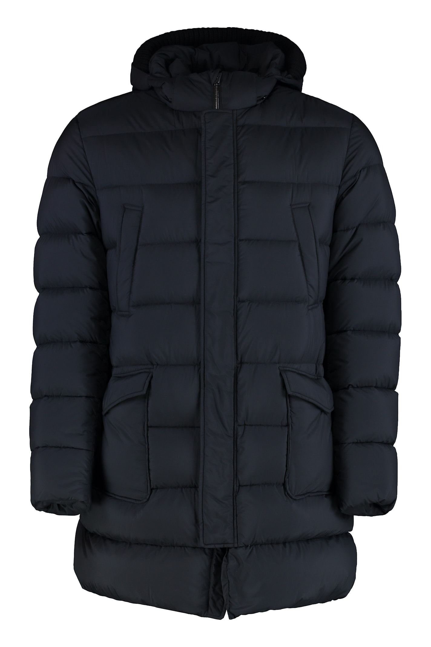 Herno Long Quilted Down Jacket With Hood And Flap Pockets In Blue