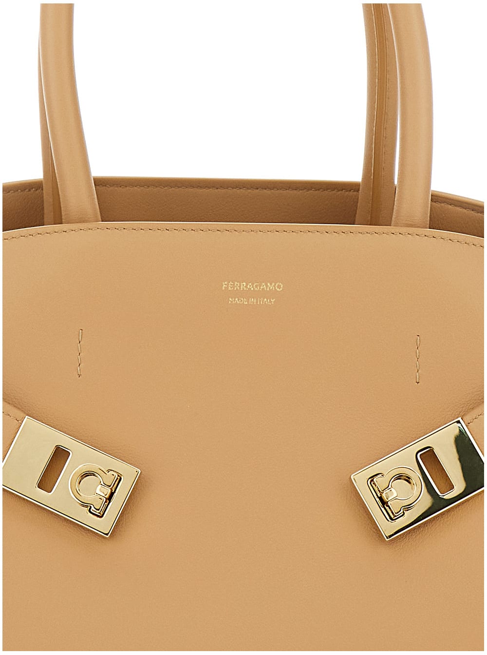 Ferragamo Hug Small Beige Handbag With Logo And Gancini Buckle In Leather Woman