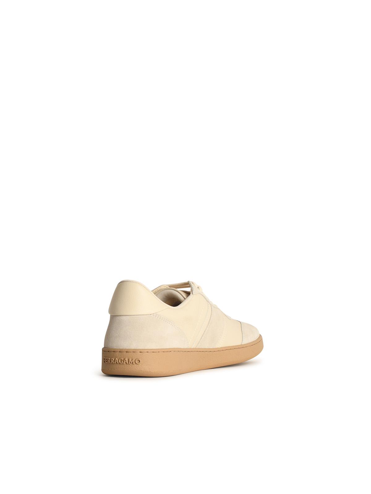 Shop Ferragamo Cream Leather Achille 1 Sneakers