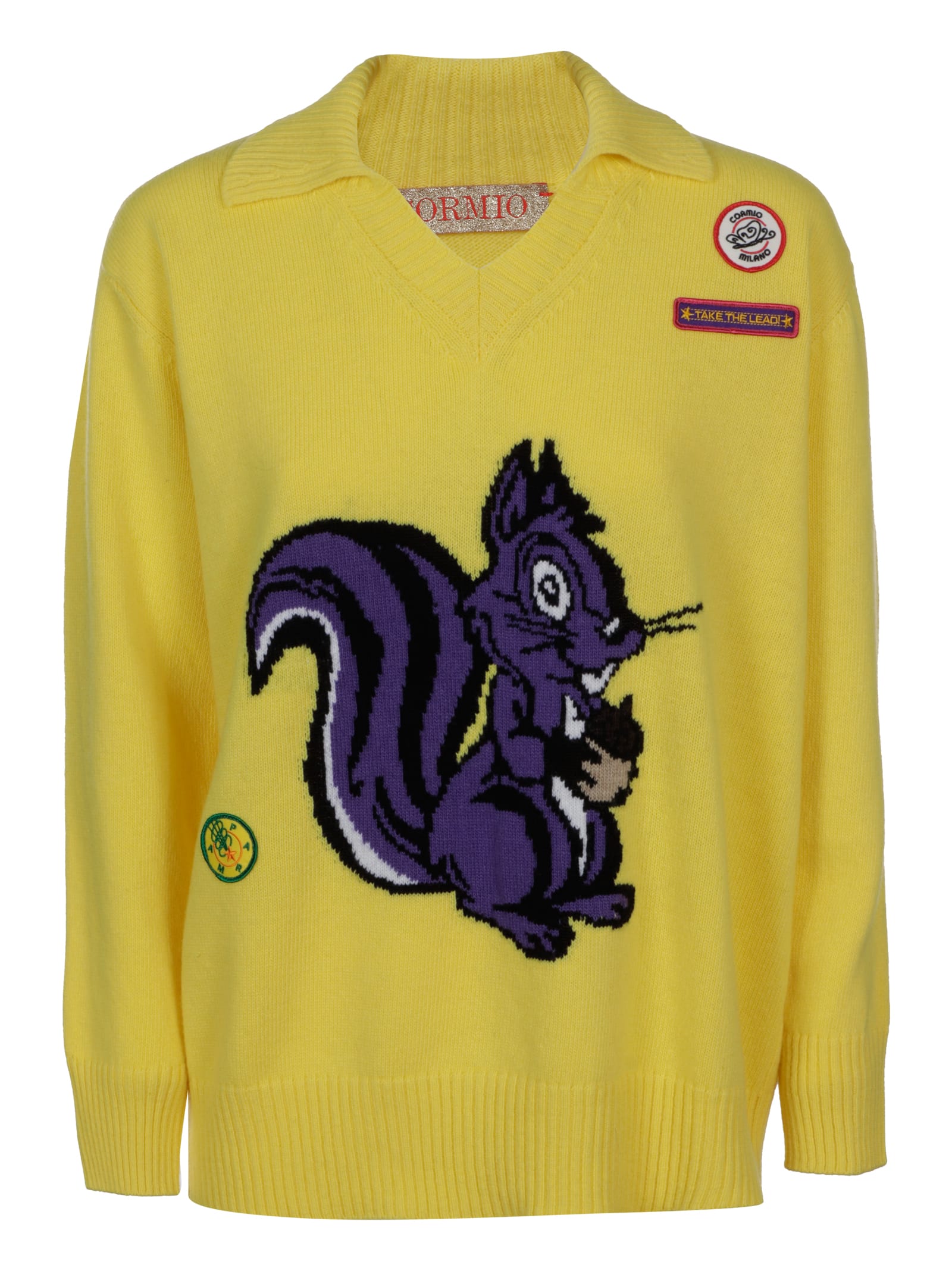 Cormio Squirrel Intarsia Knit Jumper In Limoncello