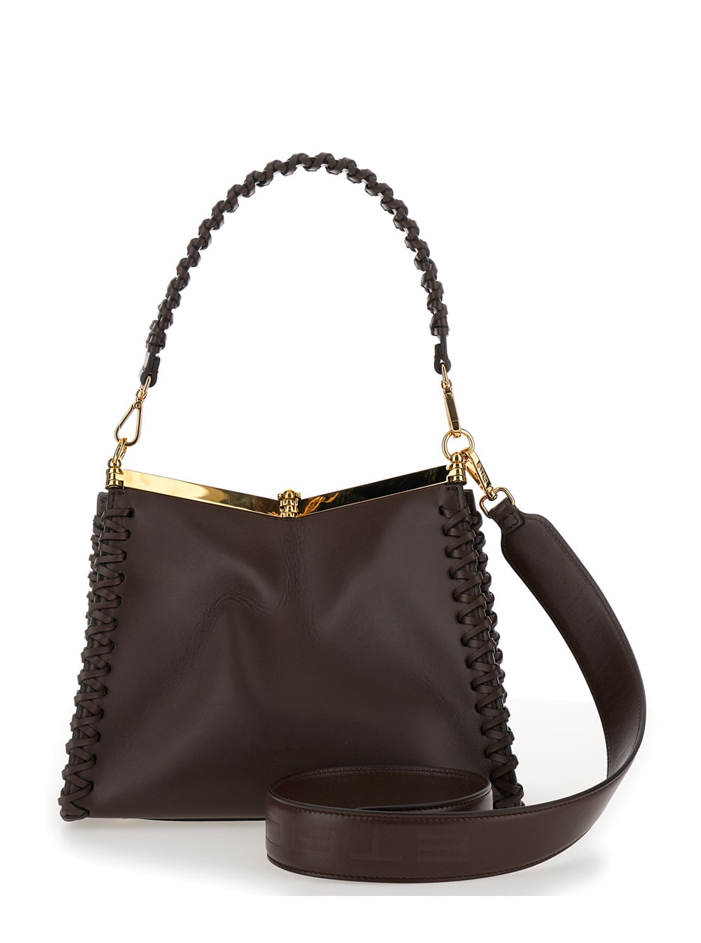 Shop Etro Vela Brown Shoulder Bag With Thread Work In Leather Woman