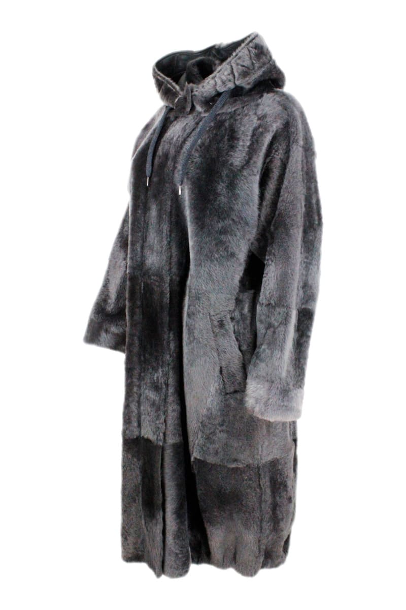 Shop Brunello Cucinelli Long Shearling Coat With Detachable Hood And Monili Along The Zip Closure In Grey