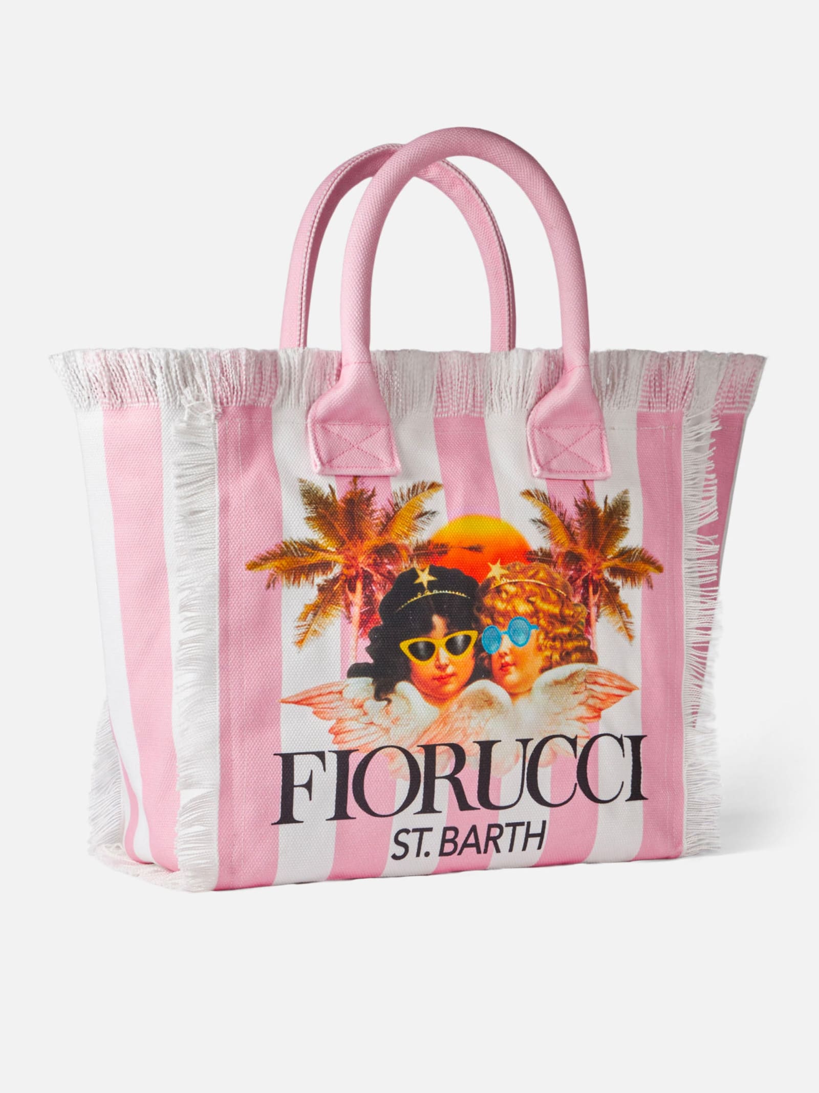 Shop Mc2 Saint Barth Vanity Canvas Shoulder Bag With White And Pink Stripes And Fiorucci Angels Print Fiorucci Special Ed